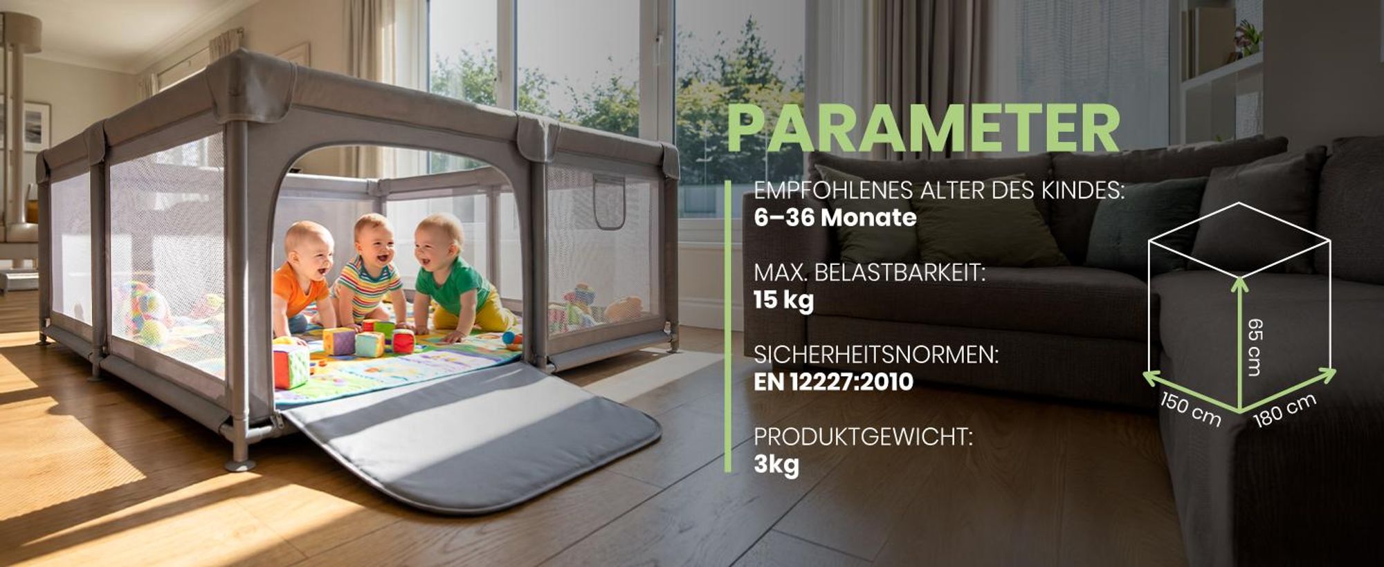 Laufstall Baby Laufgitter mit Netzwänden 150x180cm Reißverschluss Saugnäpfen Schaumstoffschutz