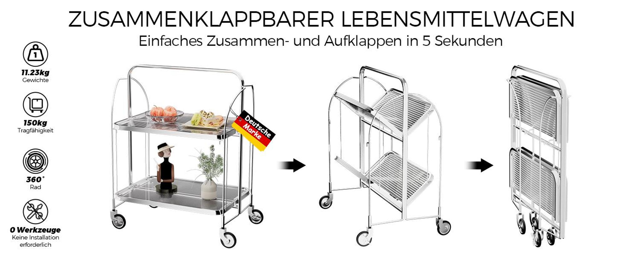 Servierwagen klappbar mit 2 Ebenen, Küchenwagen Mobil, Rollwagen, 68 x 40 x 80 cm, Aufbewahrungswagen für Küche, Wohnzimmer, Garten, Silber