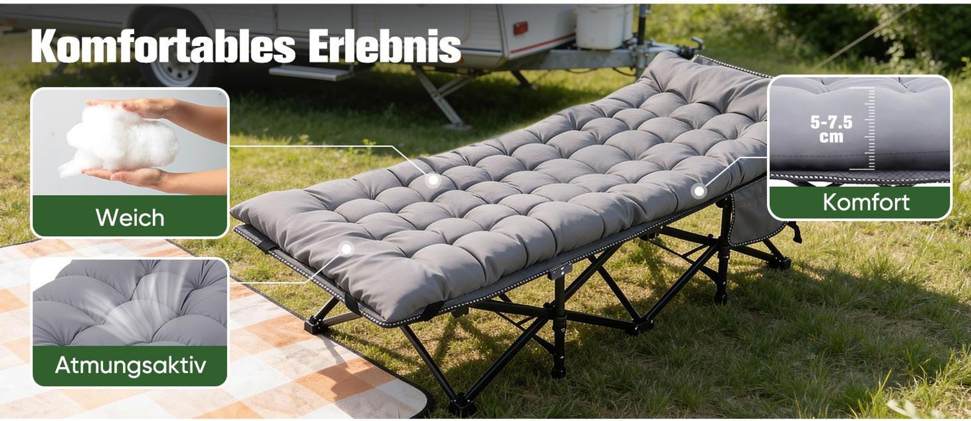 Sekey Tragbares Feldbett mit Matratze, Feldbett Klappbett Tragfähigkeit 200KG Campingbett für Indoor, Outdoor, Camping und Reisen, Blau