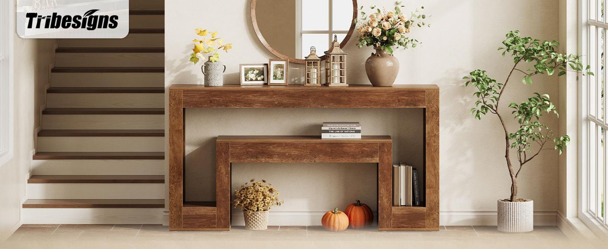 Tribesigns 160 cm rustikaler Konsoletisch mit 2-stufigem Regal, schmaler Sofatisch im Landhausstil für den Eingangsbereich, Flur, Wohnzimmer, Braun