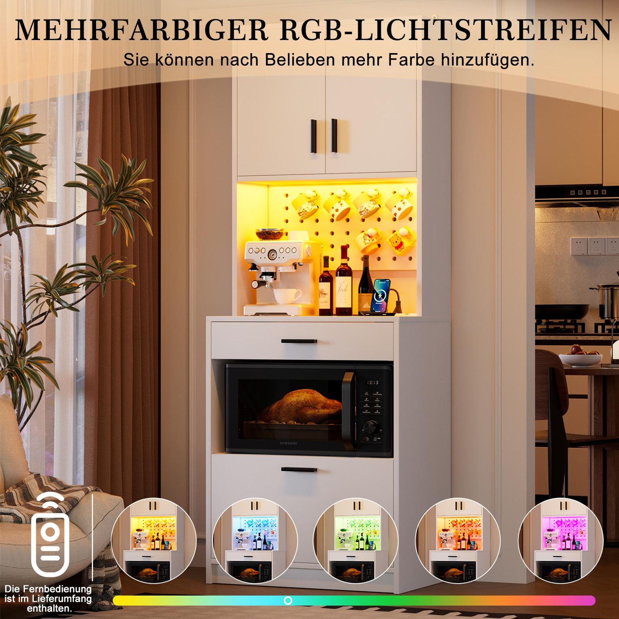 TWSOUL Buffet Mikrowellenregal mit Steckdosen & LED Küchenschrank mit Pegboard, Schublade & USB, Stauraum Weiß