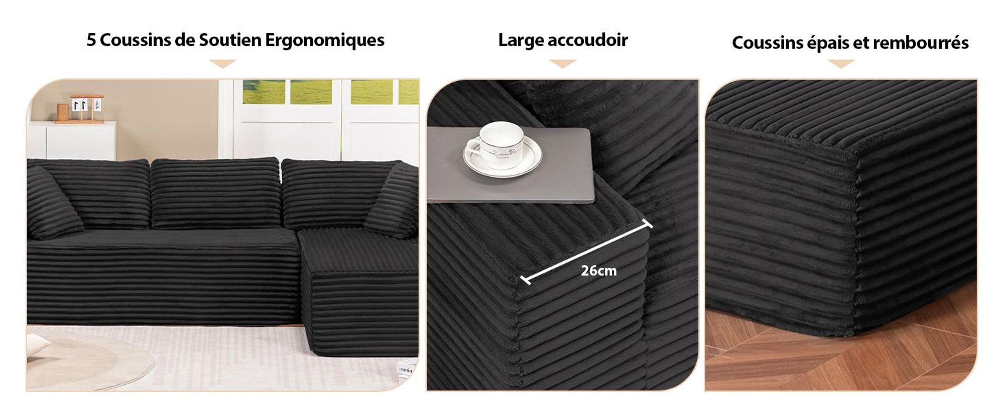COMHOMA Sofa Big-Sofa, Canapé en L, Canapé d'angle, Chaiselongue Canapé-lit avec assise profonde et larges accoudoirs, tissu velours côtelé, noir-L
