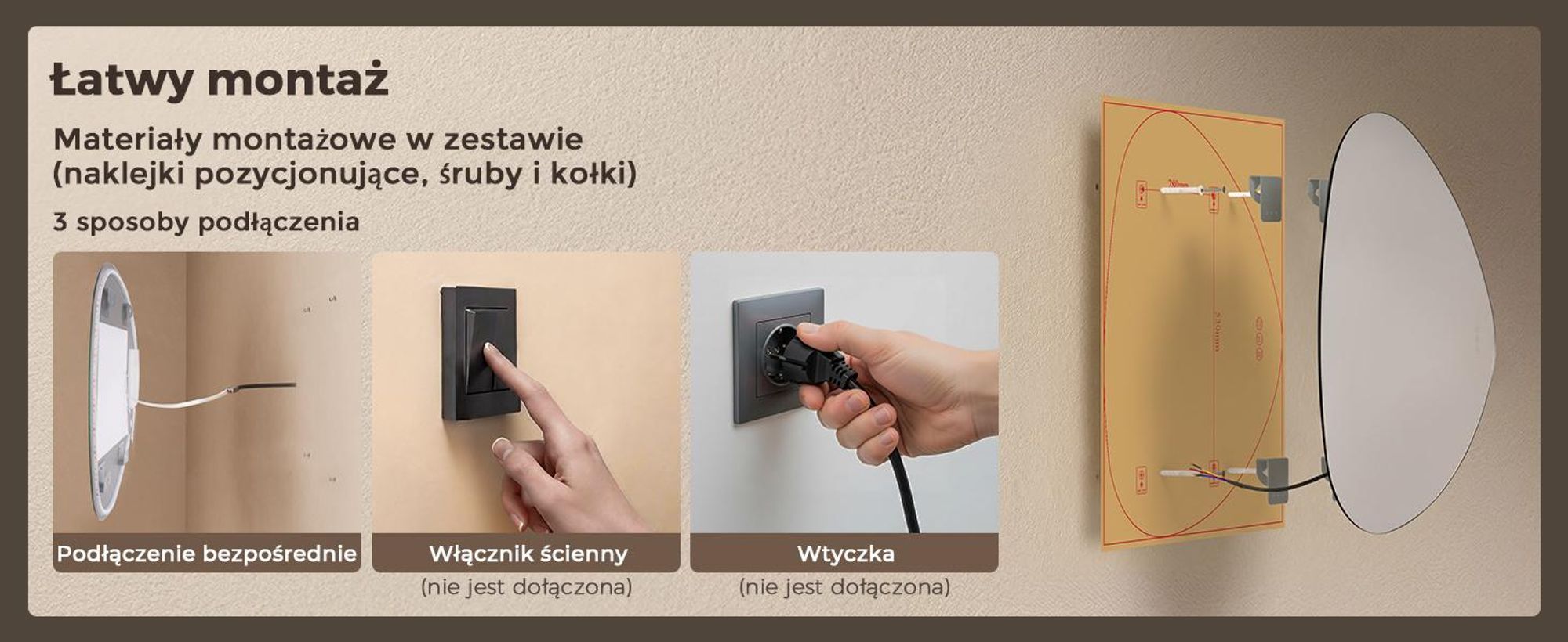 S'AFIELINA Lustro Łazienkowe LED 60 x 70 cm, Podświetlane, Bez Ramy, 3 barwy światła, regulacja jasności, anti-fog i pamięć. Montaż poziomy/pionowy.