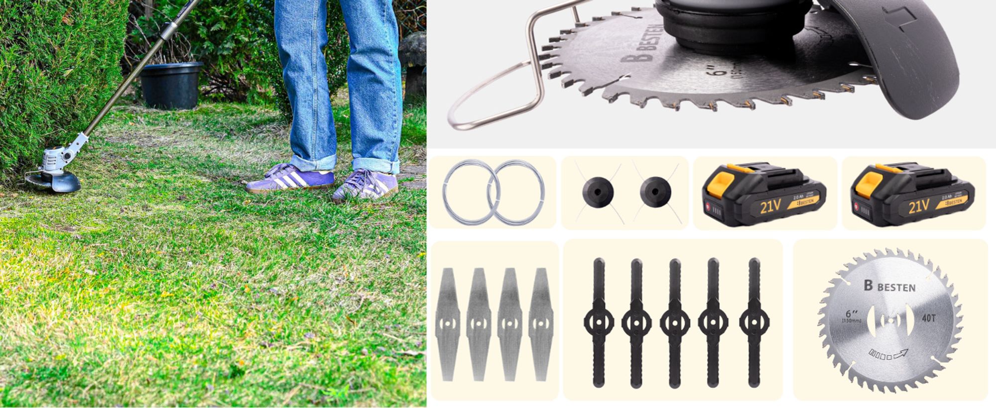 BESTEN Akku-Trimmer, Rasentrimmer, Elektro-Freischneider Gras-Freischneider + Faden, 2x Akku 3.0