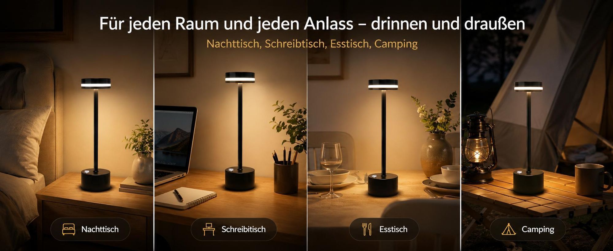 2 Stk Tischlampe,Led Tischleuchte Metall,Kabellos Dimmbar Tischleuchte,Touch Steuerung Augenschutz Leselampe,USB Wiederaufladbare,Schwarz