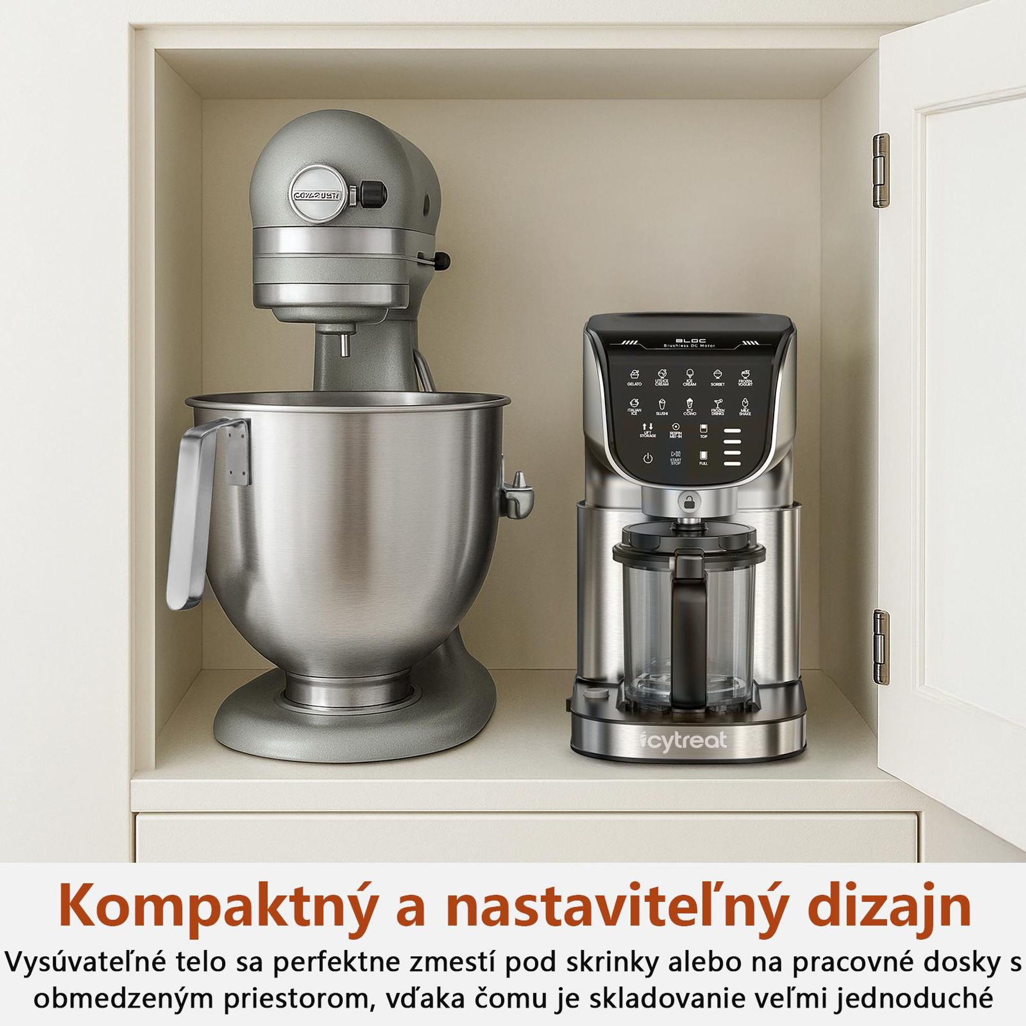 Výrobník zmrzliny IcyTreat IC-1010 EU – CE – Plne automatický, kryt z nehrdzavejúcej ocele – Vybavený 3 nádobami a 12 programami – Strieb
