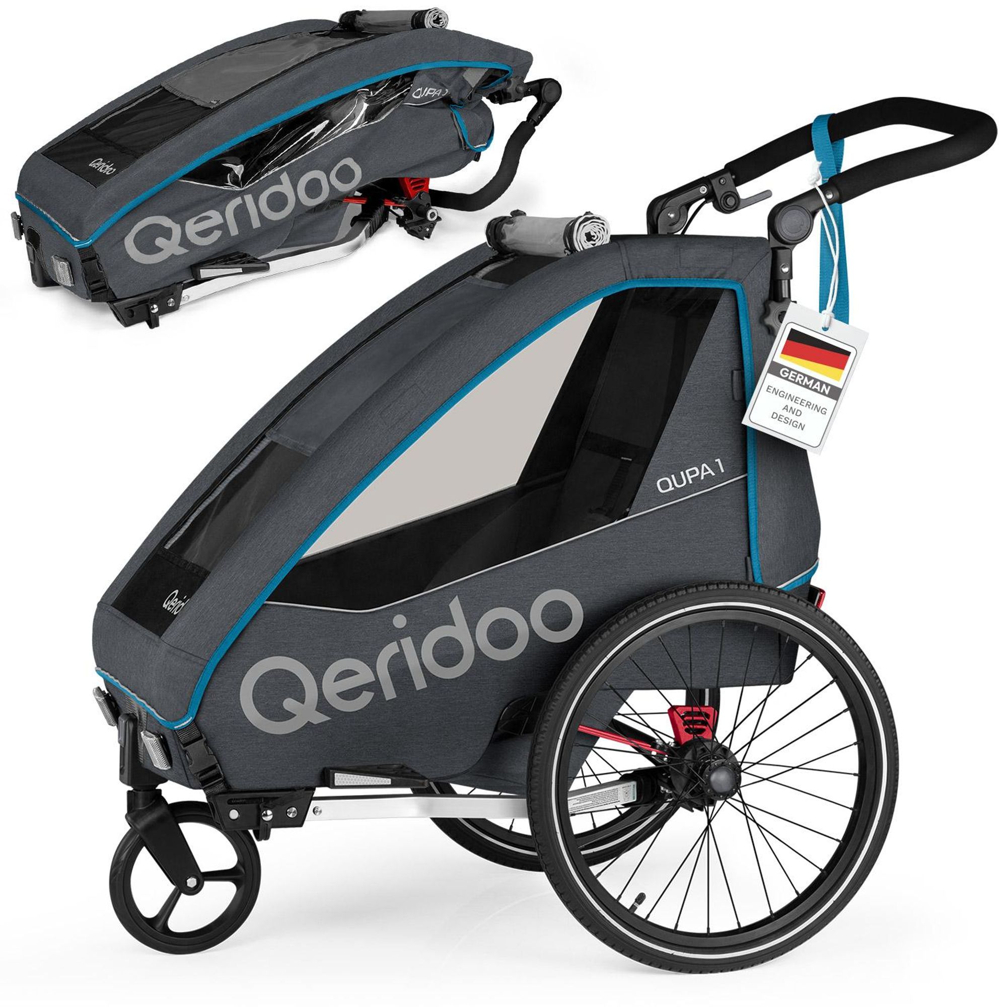 Qeridoo QUPA 1 - Kinderfahrradanhänger für 1 Kind, Farbe: Blue