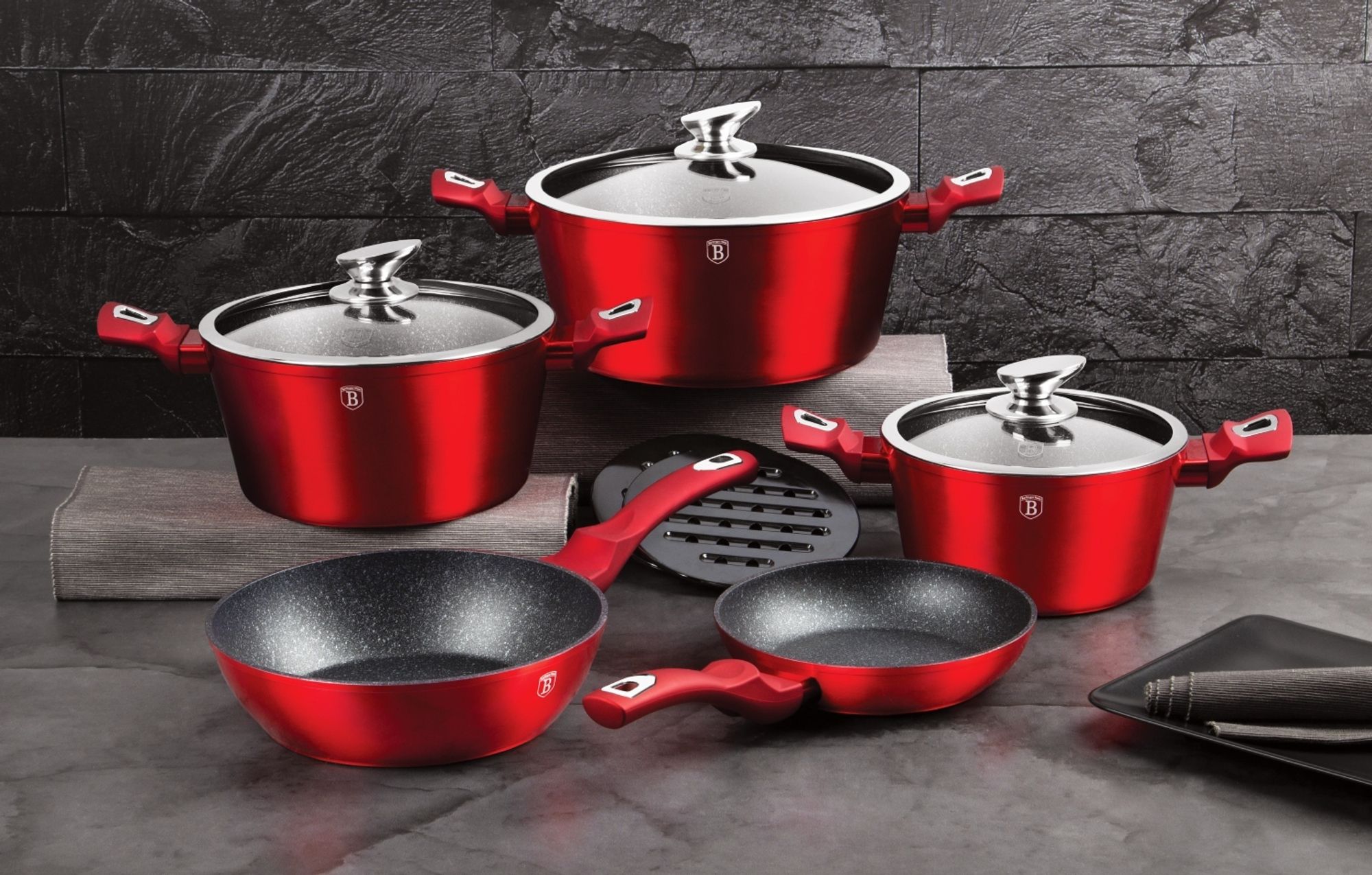 Berlinger Haus Burgundy Kochtopf Set 10-Teiliges Induktions Antihaft-Aluminium Kochtöpfe Pfannen Rot