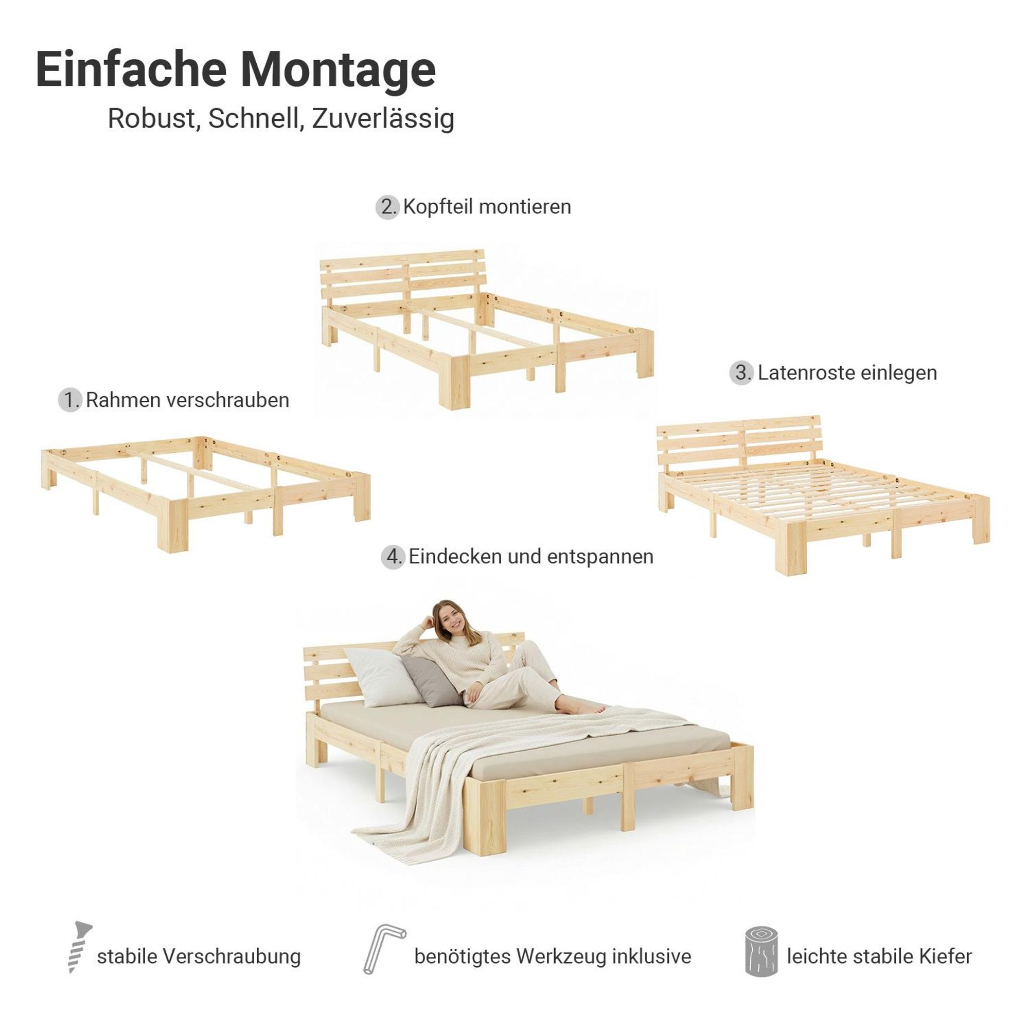 Das Bild zeigt wie einfach die Montage des Bettes ist.