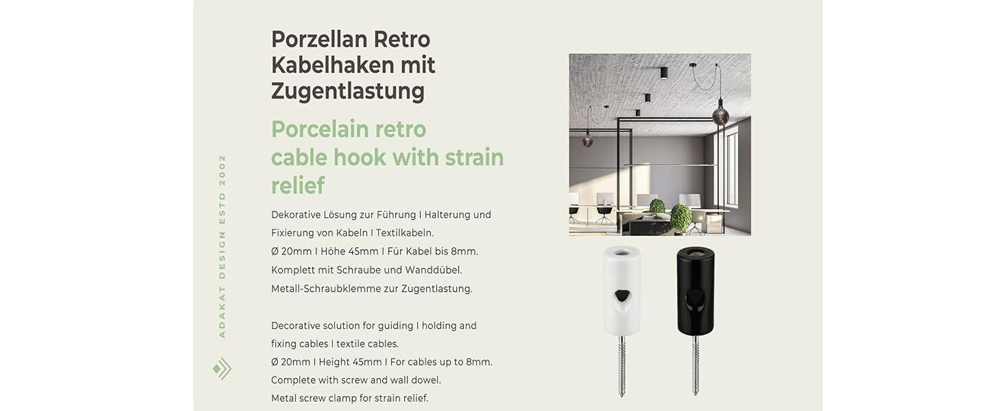 3er PACK I Porzellan Retro Kabelhalter mit Zugentlastung I schwarz