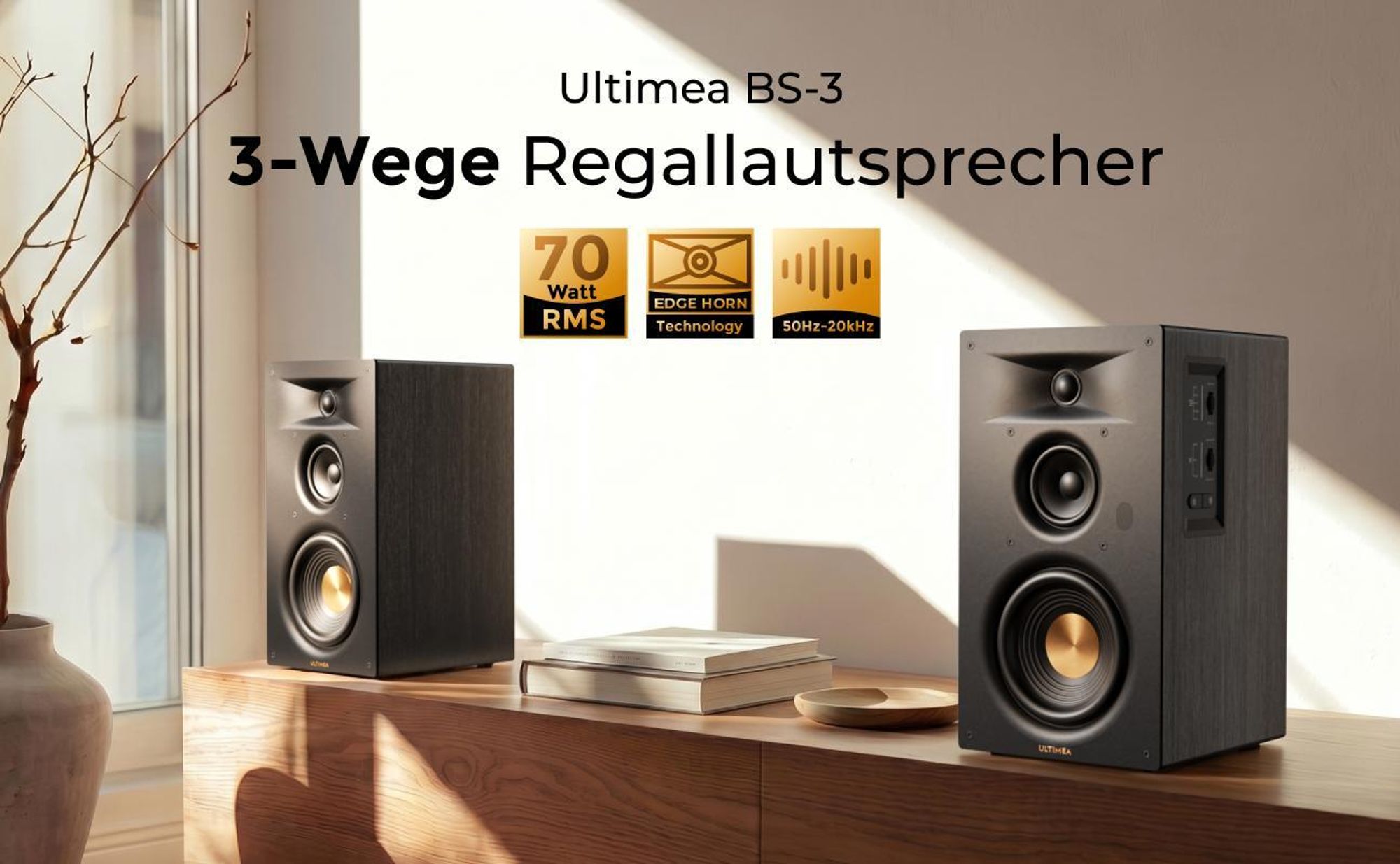 ULTIMEA BS-3 Aktivlautsprecher 3-Wege Regallautsprecher mit 5,25" Tieftöner, Bluetooth 6.0, HDMI ARC/Optisch/USB, Auracast, App-Steuerung, 70W RMS