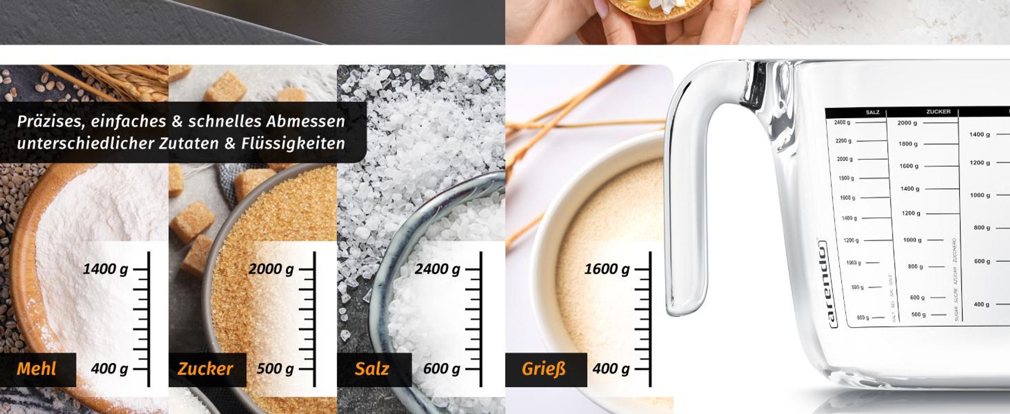 Arendo Messbecher Glas 2000 ml, Skalen für Mehl, Zucker, Salz und Grieß
