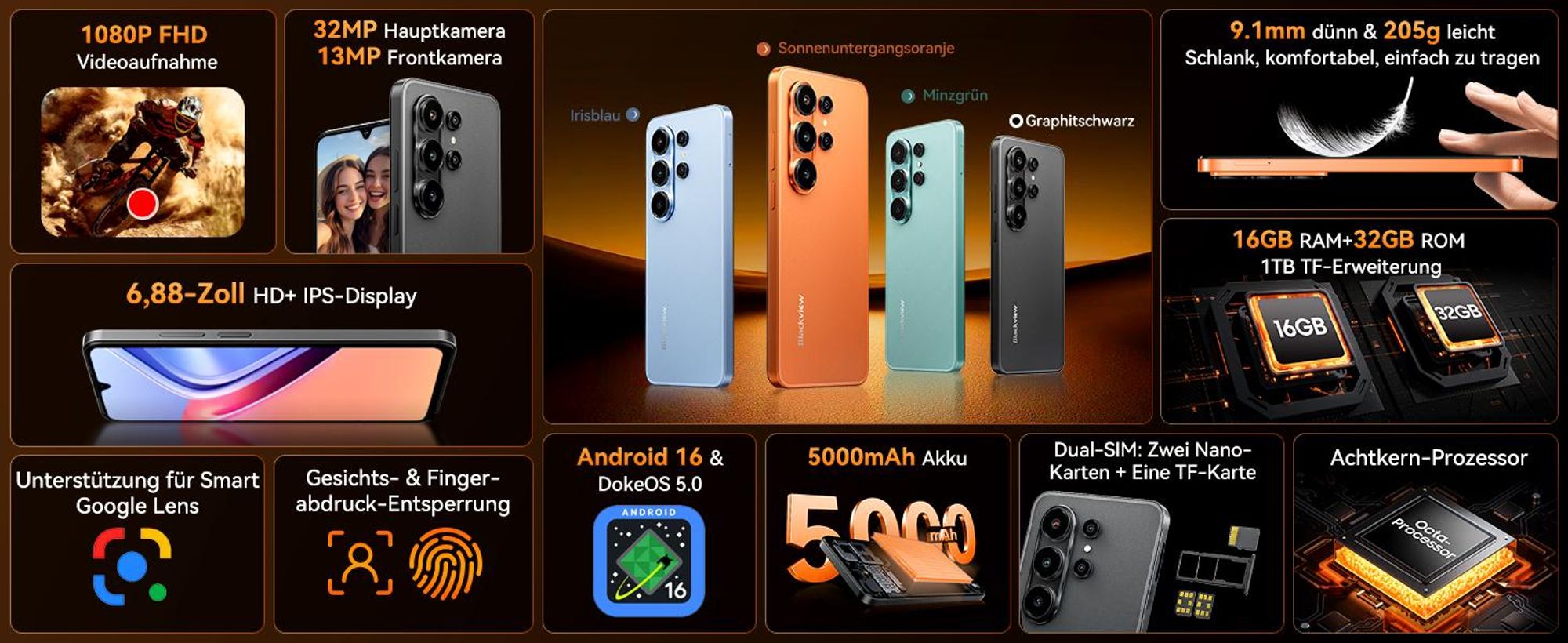 Blackview Wave 10C smartphone Ohne Vertrag, Android 16, 6.88", 120Hz, 1080p, Dual SIM, Face ID, 5000 mAh, Gemini AI, DokeOS 5.0, 1080p, 4G