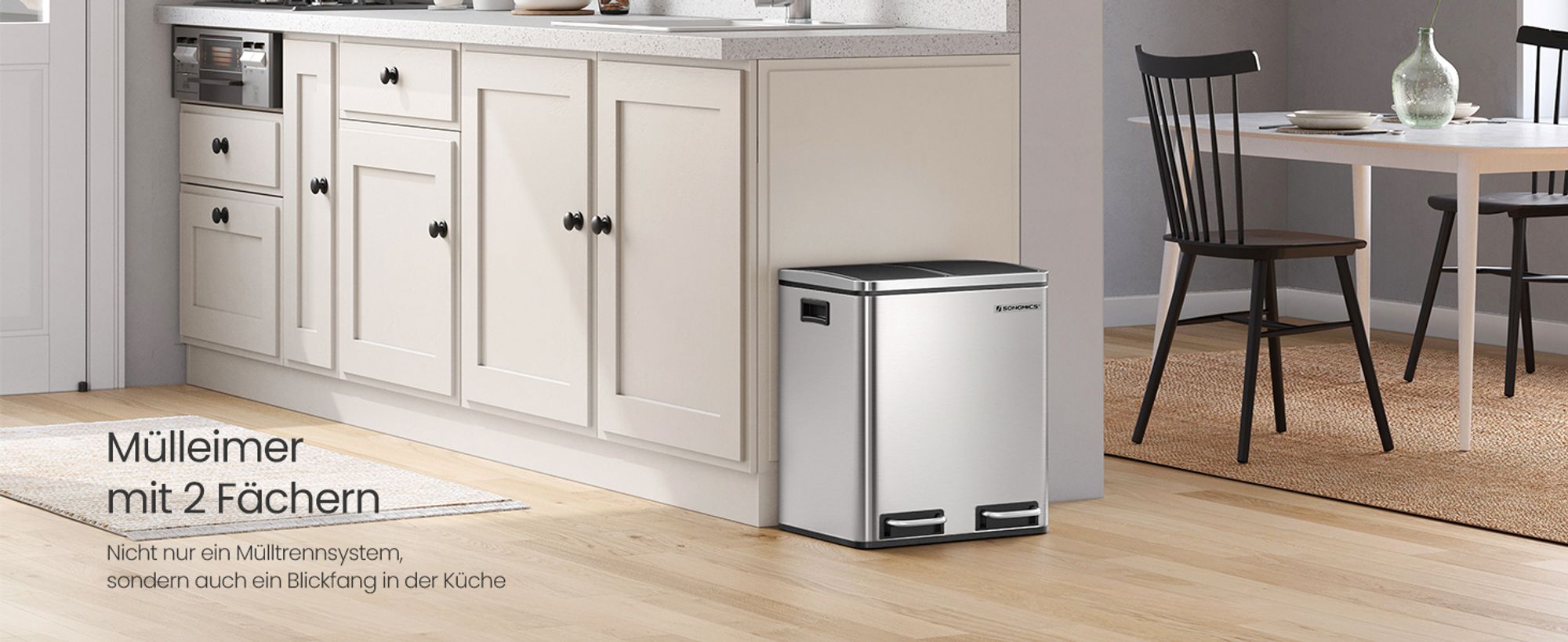 SONGMICS Mülleimer 30L Treteimer 2 x15L Edelstahl Abfalleimer mit Trennsysteme und 2 Inneneimer LTB30H