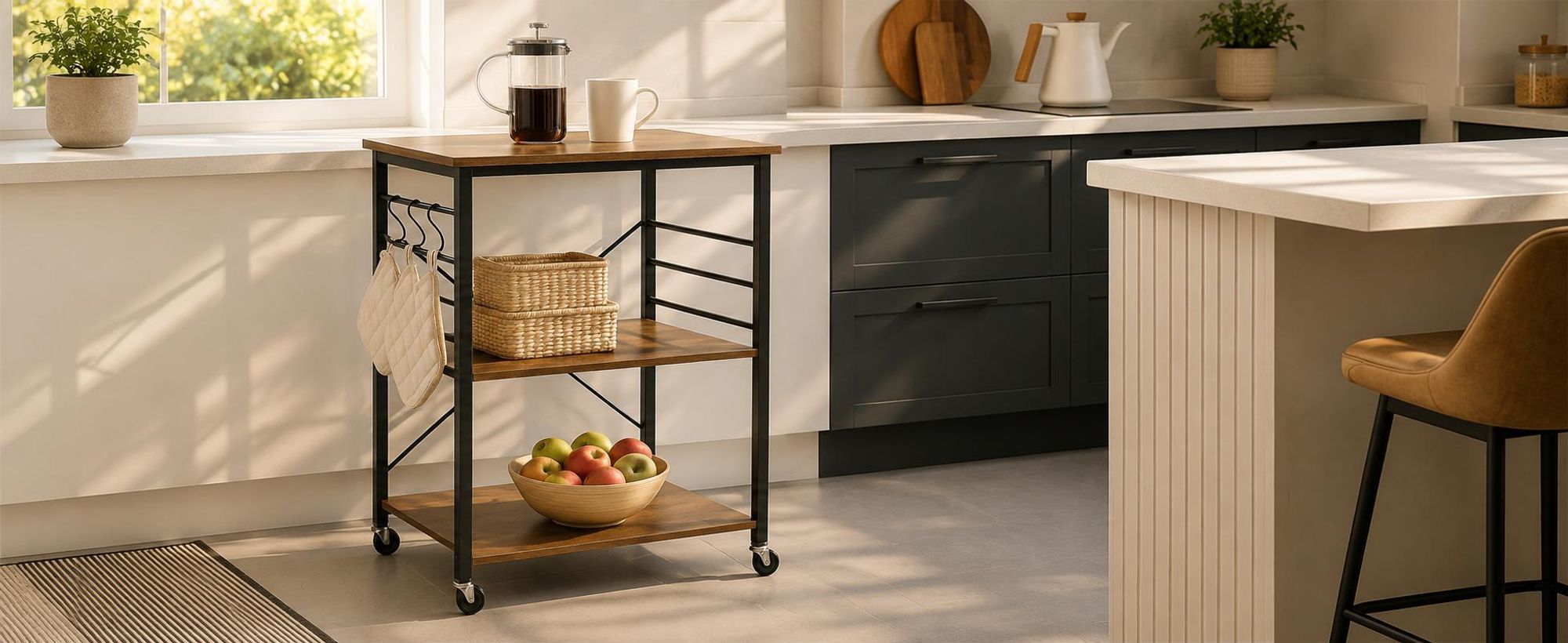 BEGRYF Küchenregal mit Rollen – 60x40x90 cm, Servierwagen mit 3 Ablagen, Küchenwagen Metall Holzoptik, Industriedesign