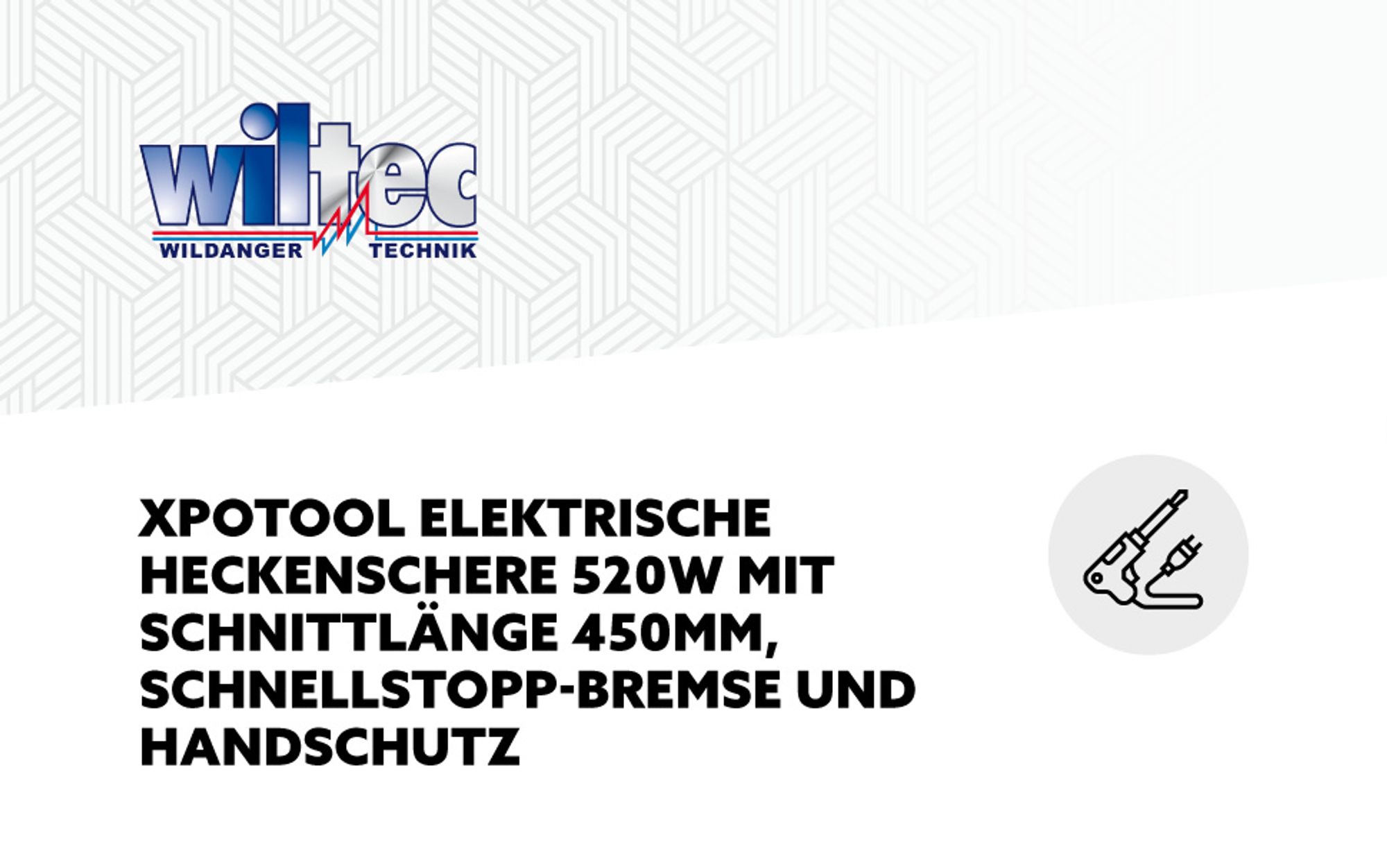 Wiltec Elektrische Heckenschere 520 W, Heckenschneider mit Schnittlänge 450 mm, Heckensäge mit Schnellstopp-Bremse, Freischneider mit Handschutz
