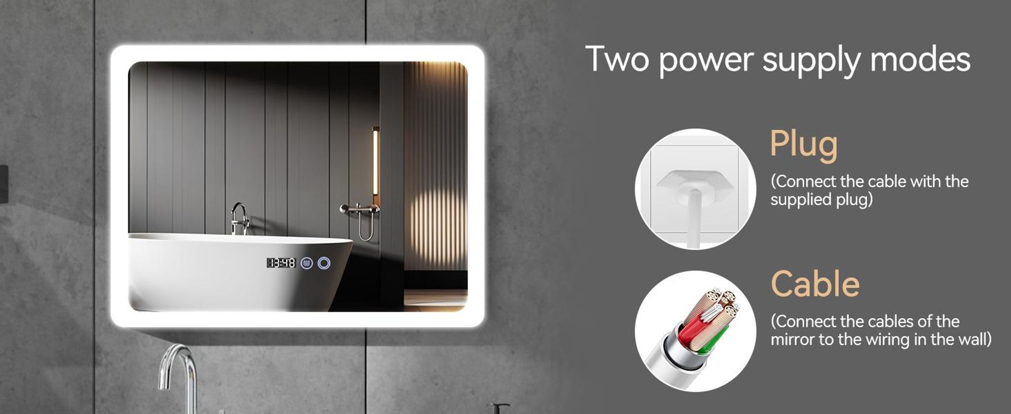Puluomis badspiegel met verlichting, anti-condens, 70x50 cm, met klok en temperatuur. Badkamerspiegel met LED-verlichting, 6500K, dimbaar, spatwaterdicht