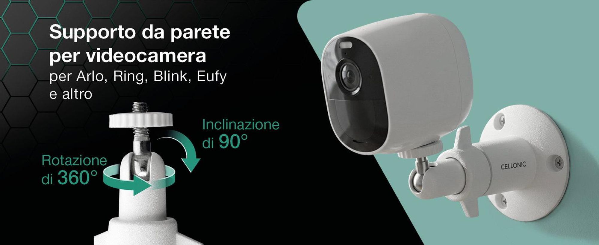CELLONIC Supporto per telecamera di videosorveglianza compatibile con Arlo Pro 5, 4, Pro 3, Pro 2, Pro, Ultra 2, Ultra, Ultra 4k, Go, Essential, Light per vite da 1/4" di filettatura staffa inclinabile/inclinabile