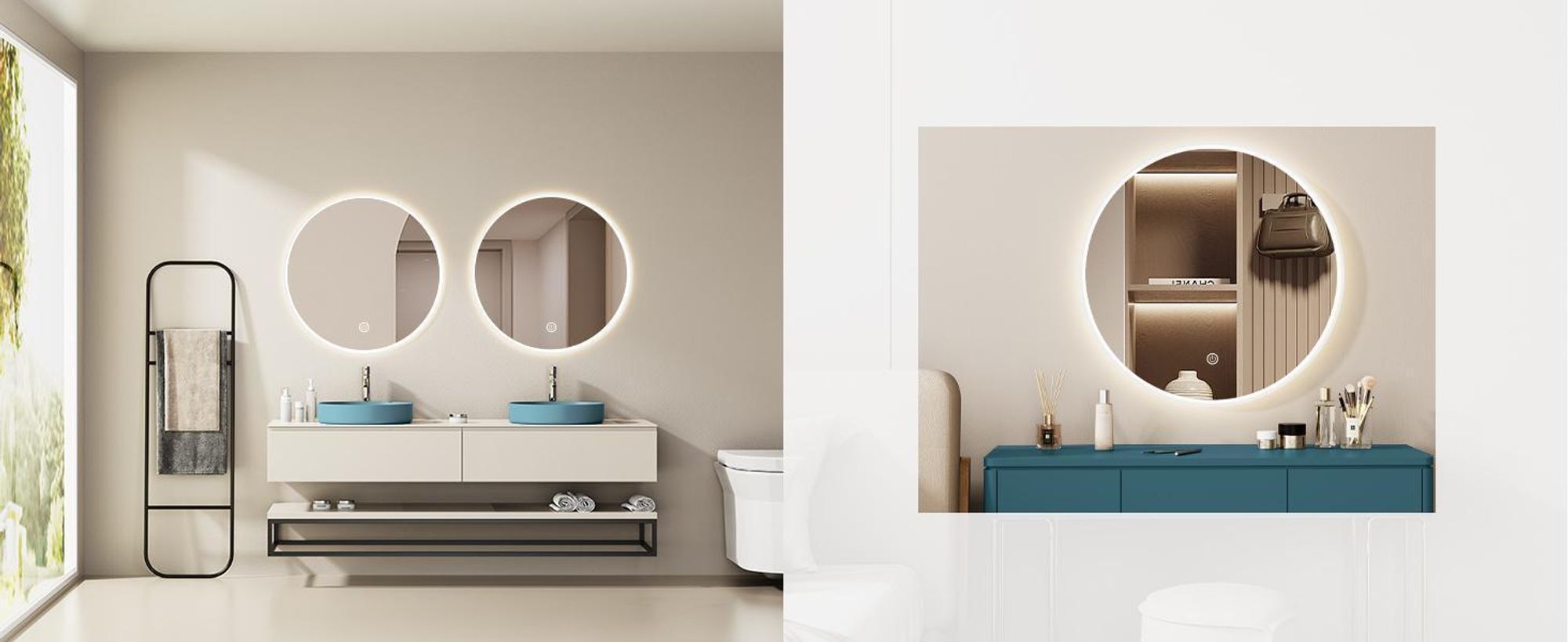 HOKO Miroir de salle de bain design rond 80 cm Vienne avec cadre métallique blanc. Economie d'énergie, éclairage LED + interrupteur tactile + changement de lumière LED.