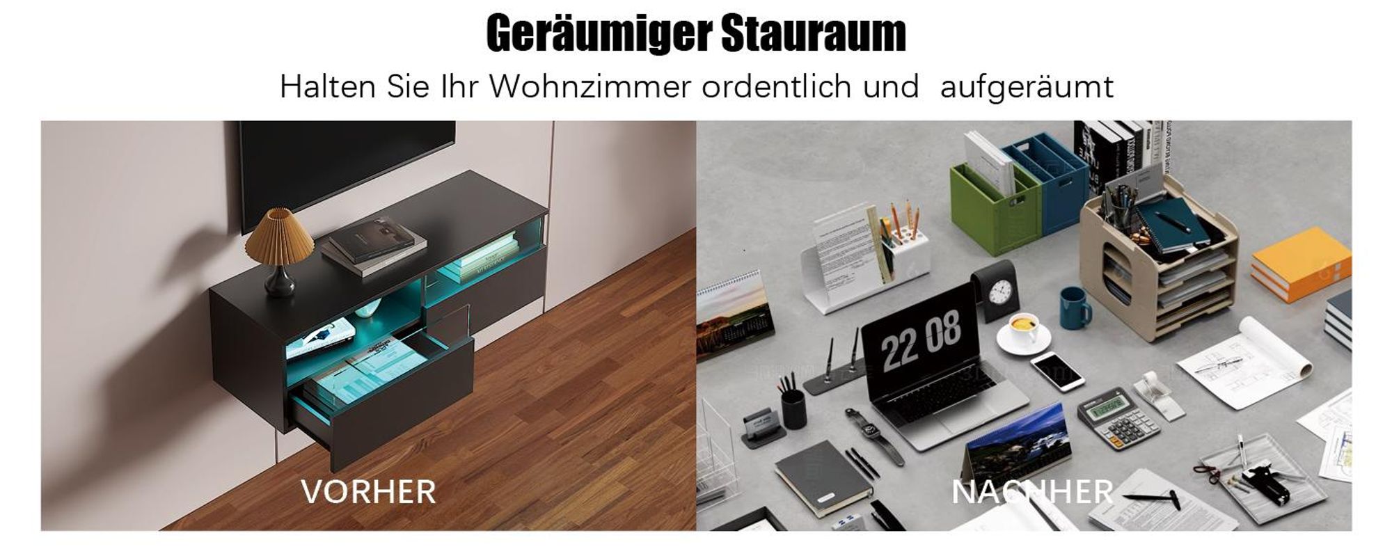 Radelldar Lowboard mit LED-Beleuchtung, TV-Schrank, hängend, grifflose TV-Board, 2 Schubladen mit Acryl, 100 cm, Schwarz