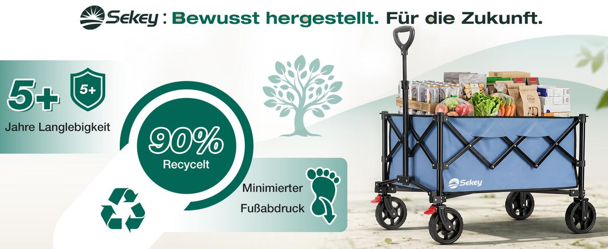 Sekey Bollerwagen faltbar 150 kg mit Bremsen, klappbarer Handwagen für Garten und Ausflug, Blau