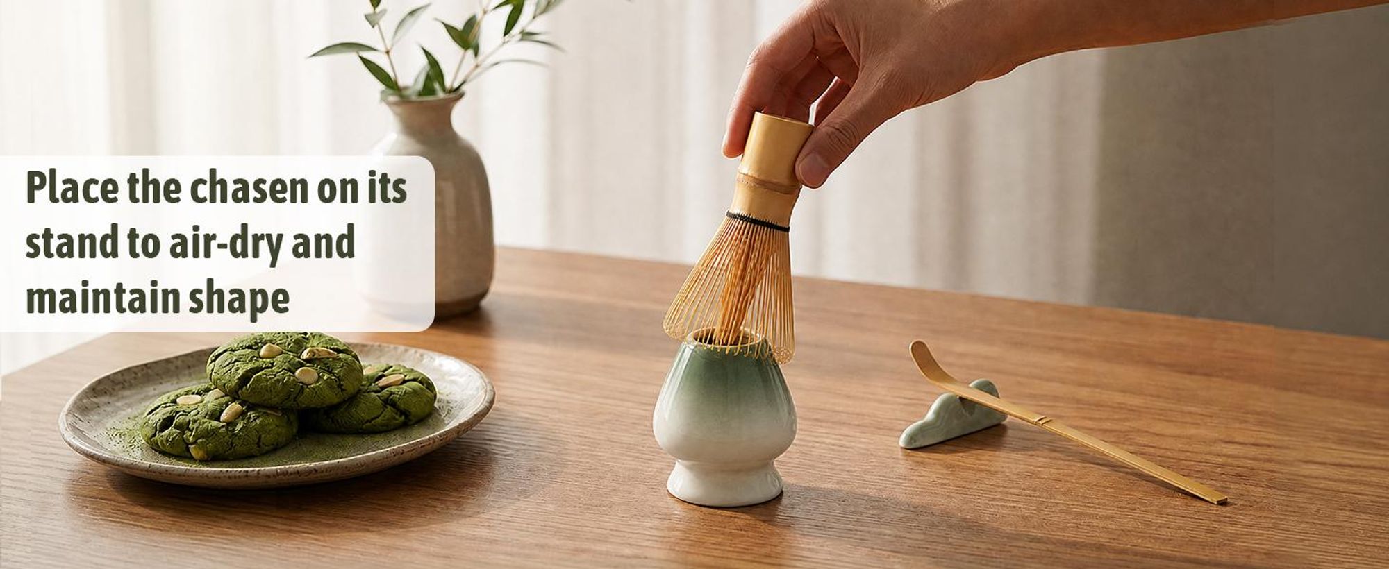 VONATES Matcha Set 9-tlg. mit Matcha-Schale, Bambus-Besener & Halter, Sieb, Löffel, Tuch, Eisform - Starter-Kit für Teezeremonie & Geschenk, Grün Farbverlauf