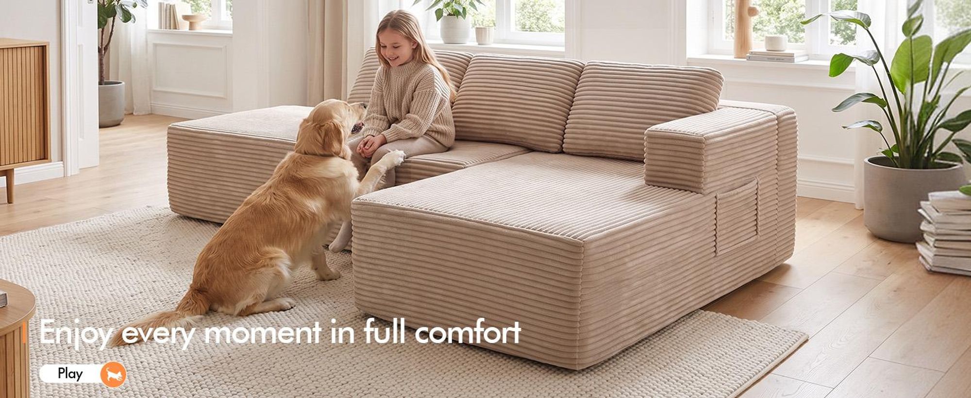 COMHOMA, narożna sofa z funkcją spania, 228 cm, obita tkaniną welurową. Modułowa sofa bez sprężyn, z podnóżkiem i metalową konstrukcją oparcia. Narożna sofa z funkcją spania, w kształcie litery L, z otwartą konstrukcją
