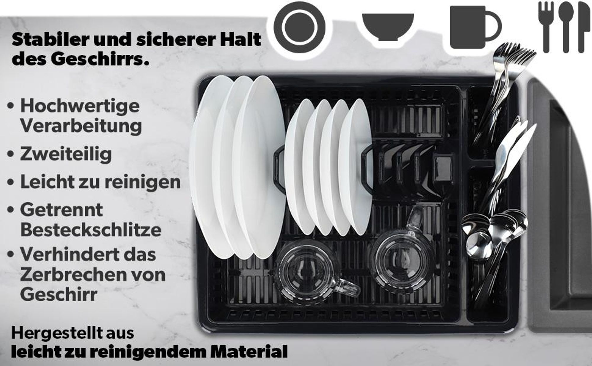 KADAX Geschirrabtropfer aus Kunststoff "Jelsi", Geschirrkörbe, Abtropfschale, Anthrazit, 46 cm