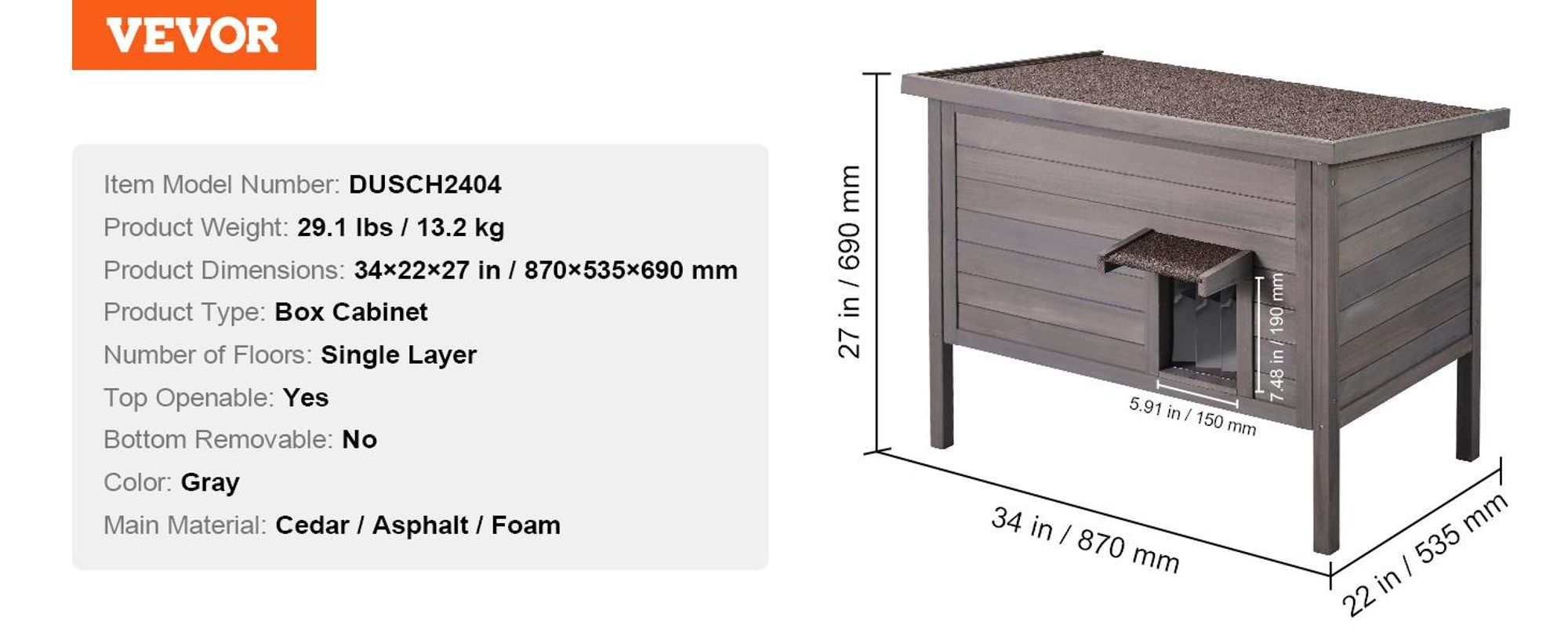 VEVOR Katzenhaus für draußen, wetterfest, Unterschlupf für Wildkatzen für mehrere Katzen, Katzen-/Kaninchenhaus aus Holz für draußen, rundum schaumisoliert, offenes Dach, Türklappen aus PVC, 86,4 cm L x 56,4 cm B x 68,6 cm H