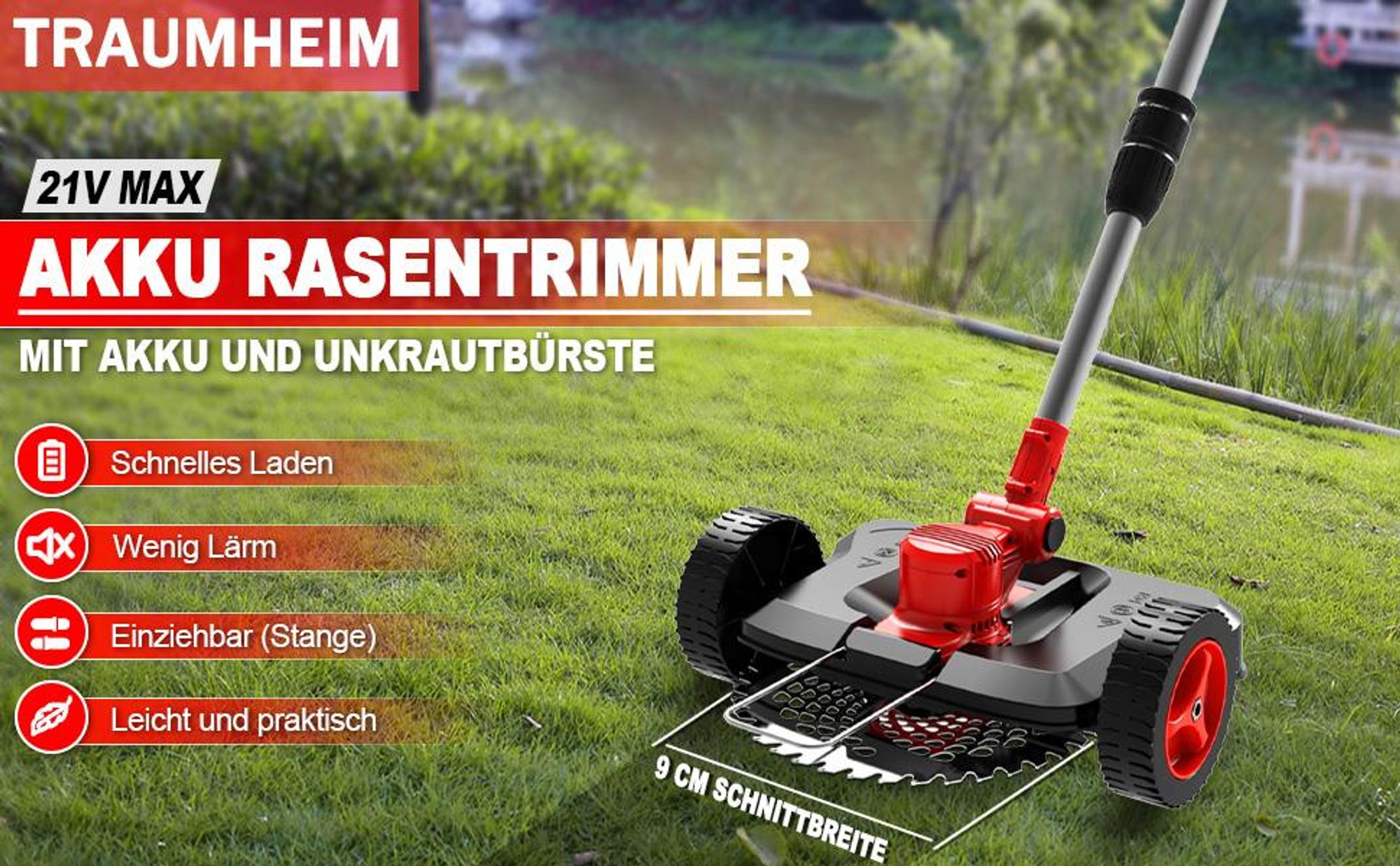 Akku Rasentrimmer mit 2× 4000mAh Akku 21V, 750W Bürstenloser Motor Rasentrimmer mit Unkrautbürste, Freischneider Akku & Ladegerät | Rot