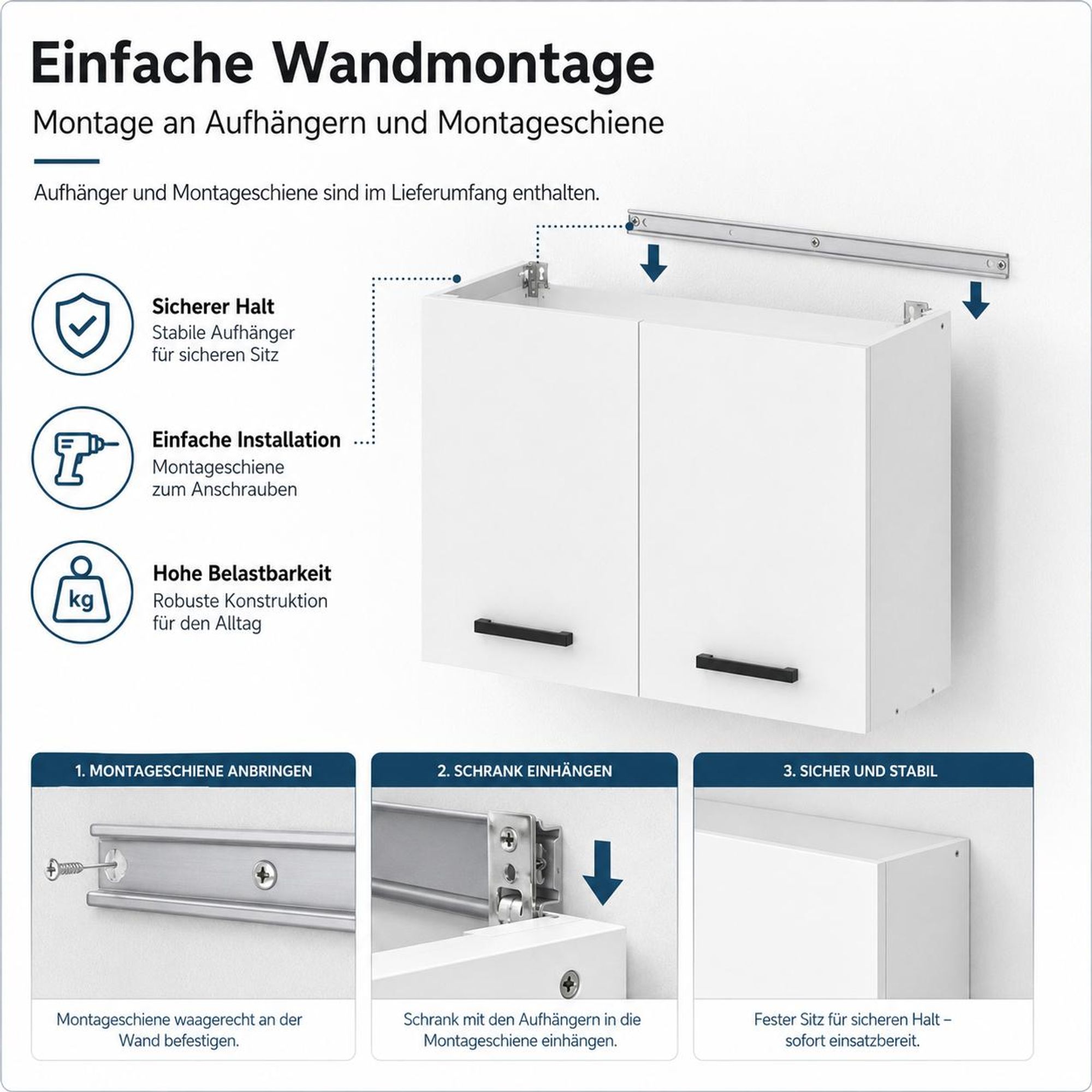 Anleitung Wandmontage Hängeschrank 80 cm Weiß Matt mit Schiene und Aufhängern.