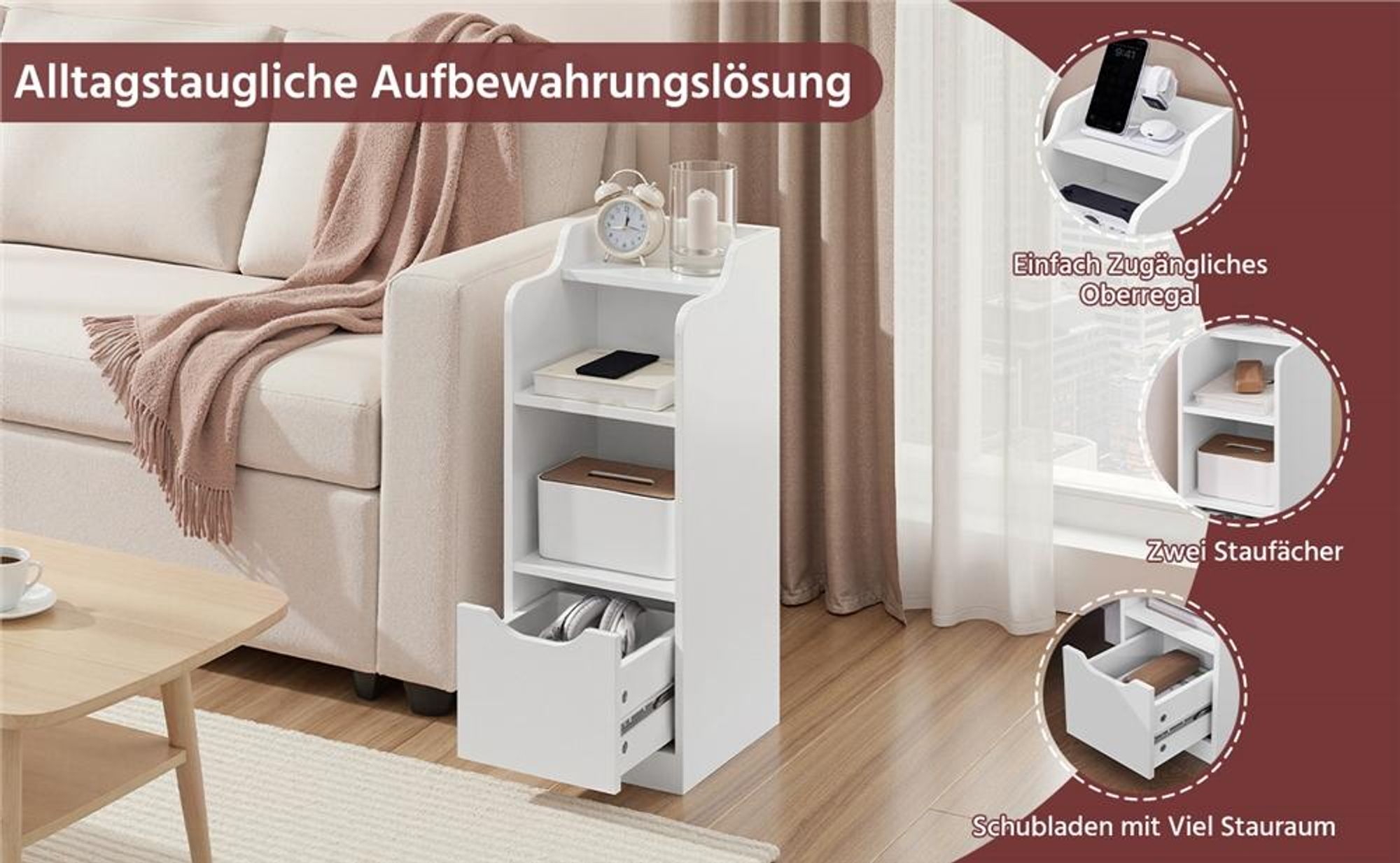 Yaheetech 2er Set Nachttisch 25 cm schmaler Beistelltisch mit Schublade, moderne Nachtkonsole mit 2 Staufächern, Weiß