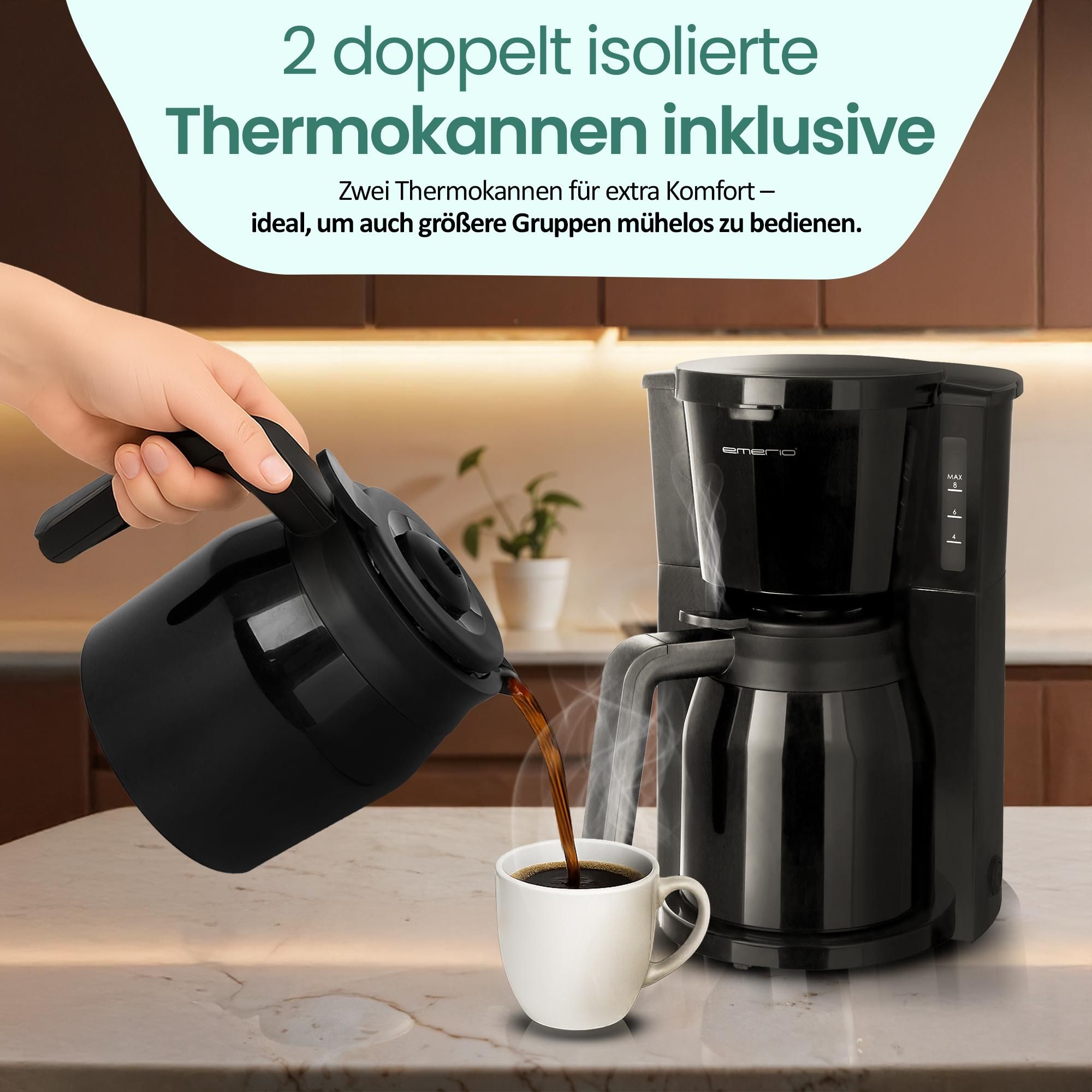 Emerio Kaffeemaschine mit doppelter Thermokanne – 1 L Filterkaffee – 8 Tassen – Tropf-Stopp-System – auch für Camping geeignet – CME-125050 - Schwarz
