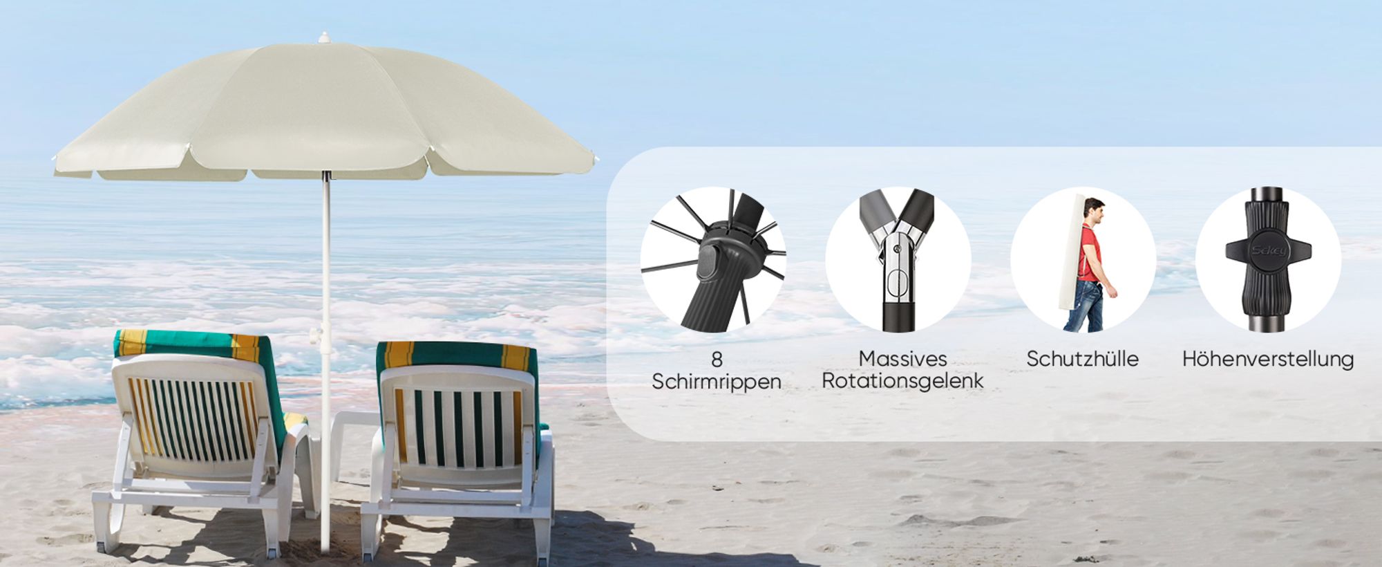 Sekey Sonnenschirm Rund Ø160cm Gartenschirm UV Schutz 50+ Strandschirm mit erdspieß & Schutzhülle, Neigungswinkel und Höhe verstellbar