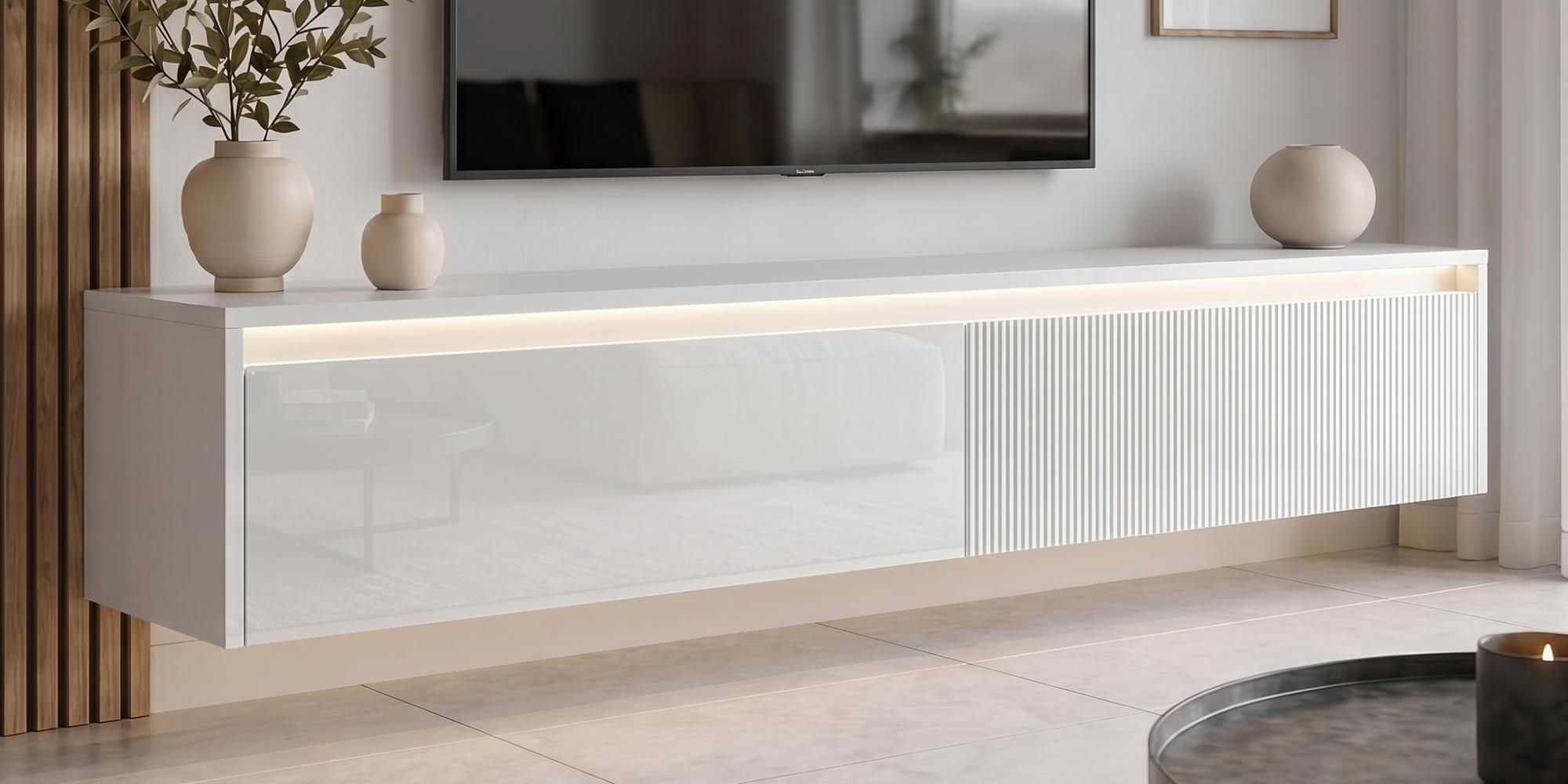 Hängendes TV-Lowboard 170 cm LUMI IV Weiß Hochglanz, Fernsehschrank mit LED-Beleuchtung & Push-to-Open