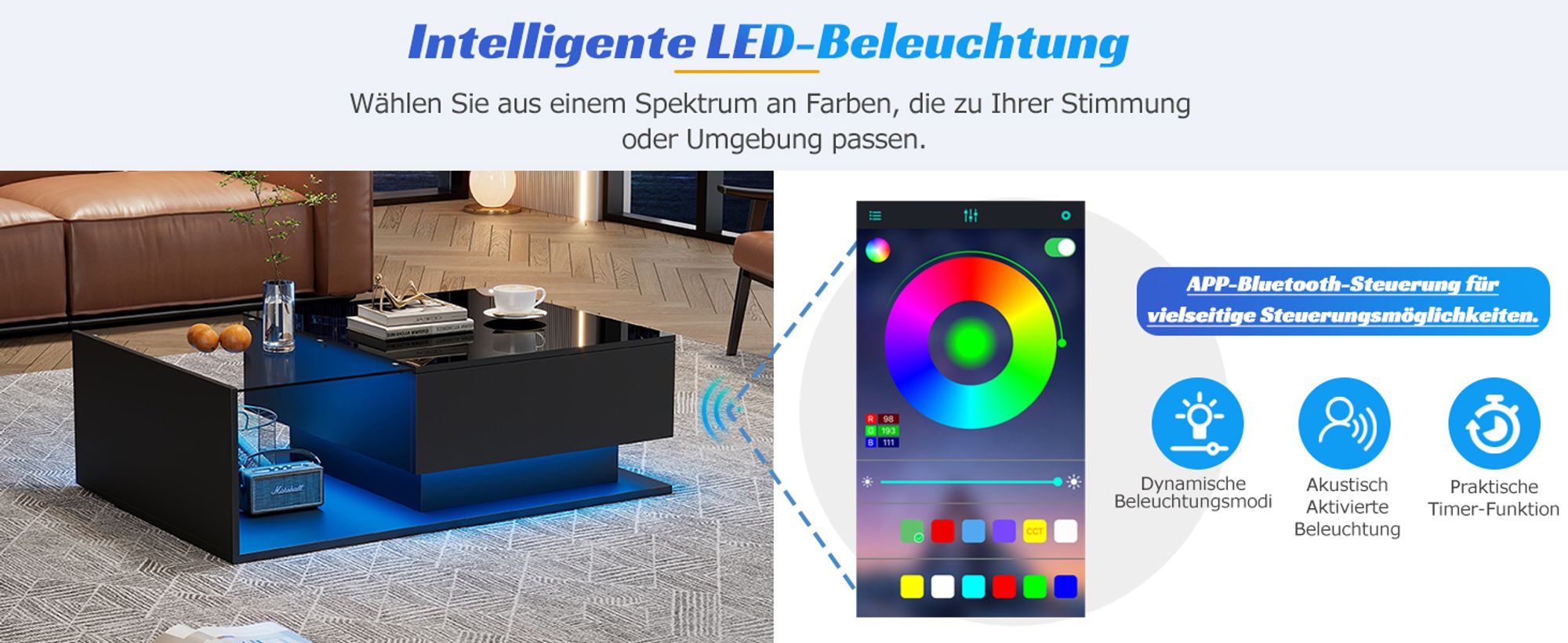 MODFU Couchtisch Wohnzimmertisch LED-Hochglanz für Wohnzimmer, Schlafzimmer, Beistelltisch Rechteckiger mit Glasplatte und Schubladen, Schwarz