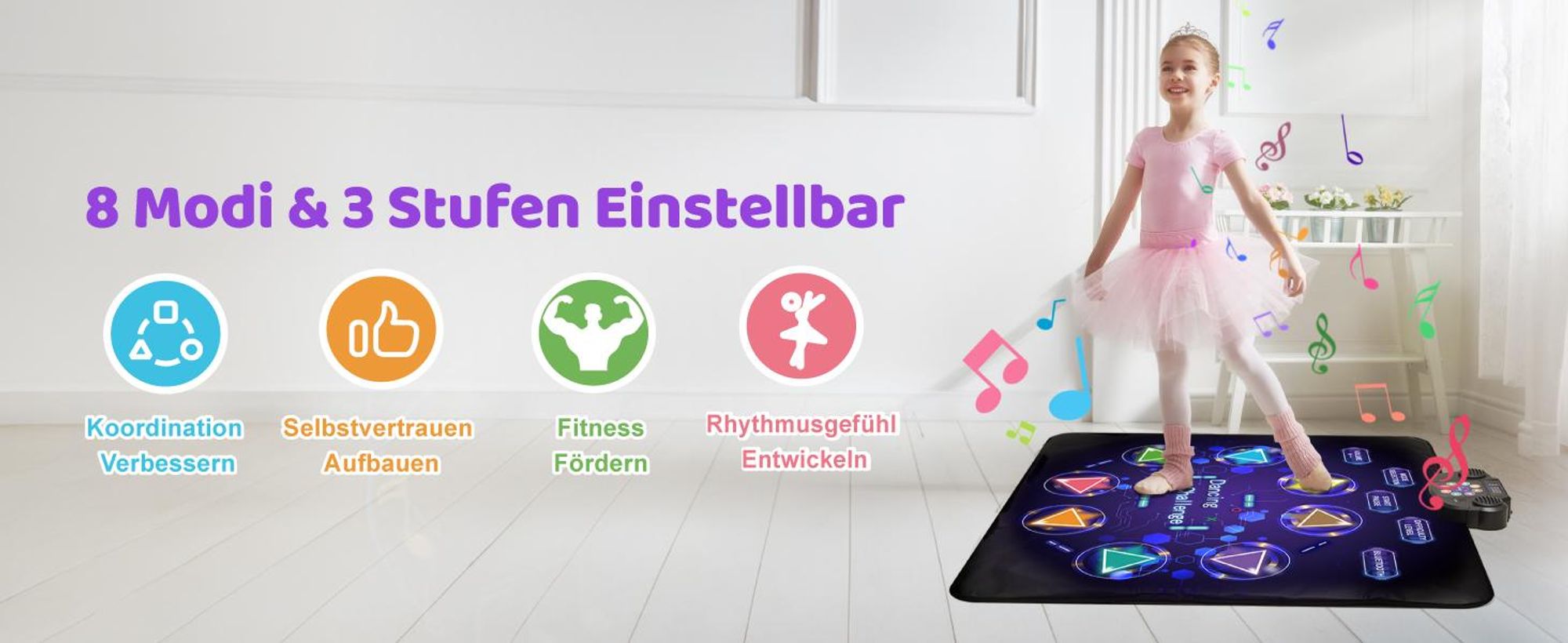Tanzmatte, Musikmatte, Tanzbodenmatte, Bluetooth, 8 Modi, mit LED-Lichter, Weihnachten Geburtstags Spielzeug, für 4-12 Kinder