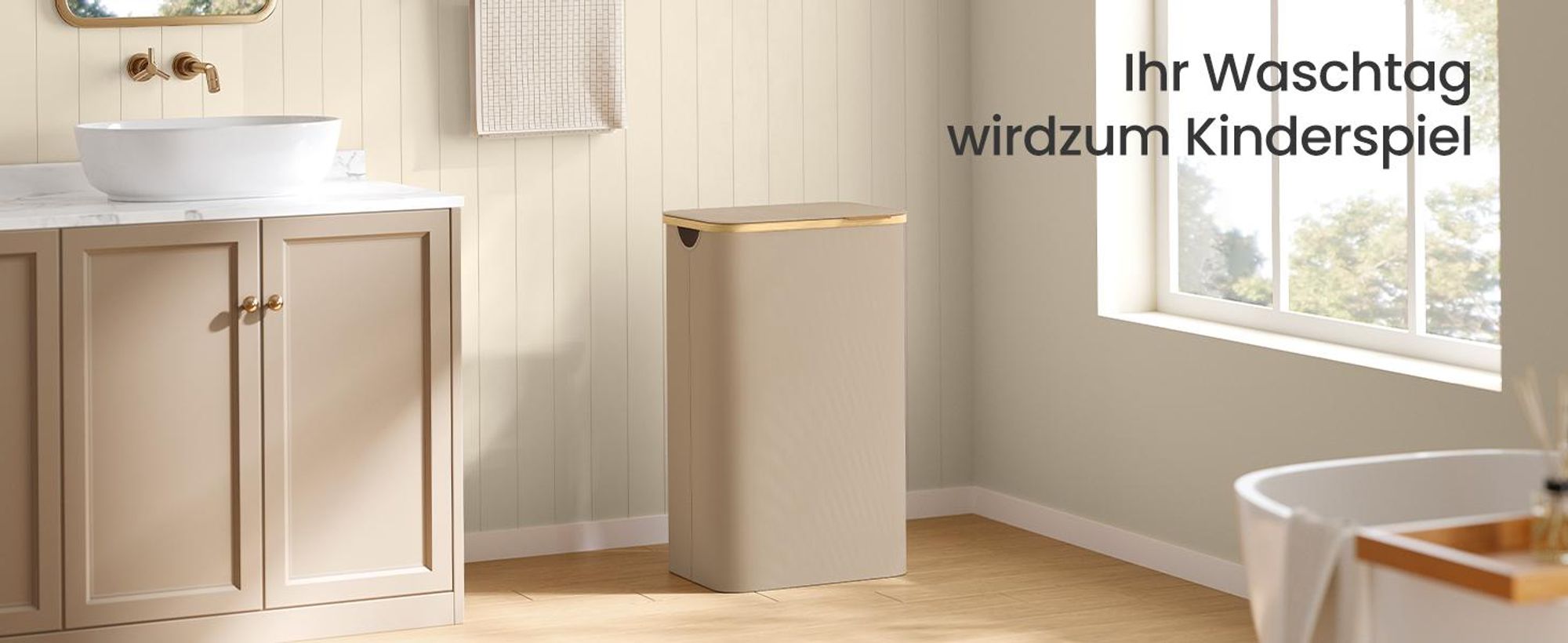 SONGMICS Wäschekorb mit Deckel, 90 L, herausnehmbarer Wäschesack, Griffe aus Bambus