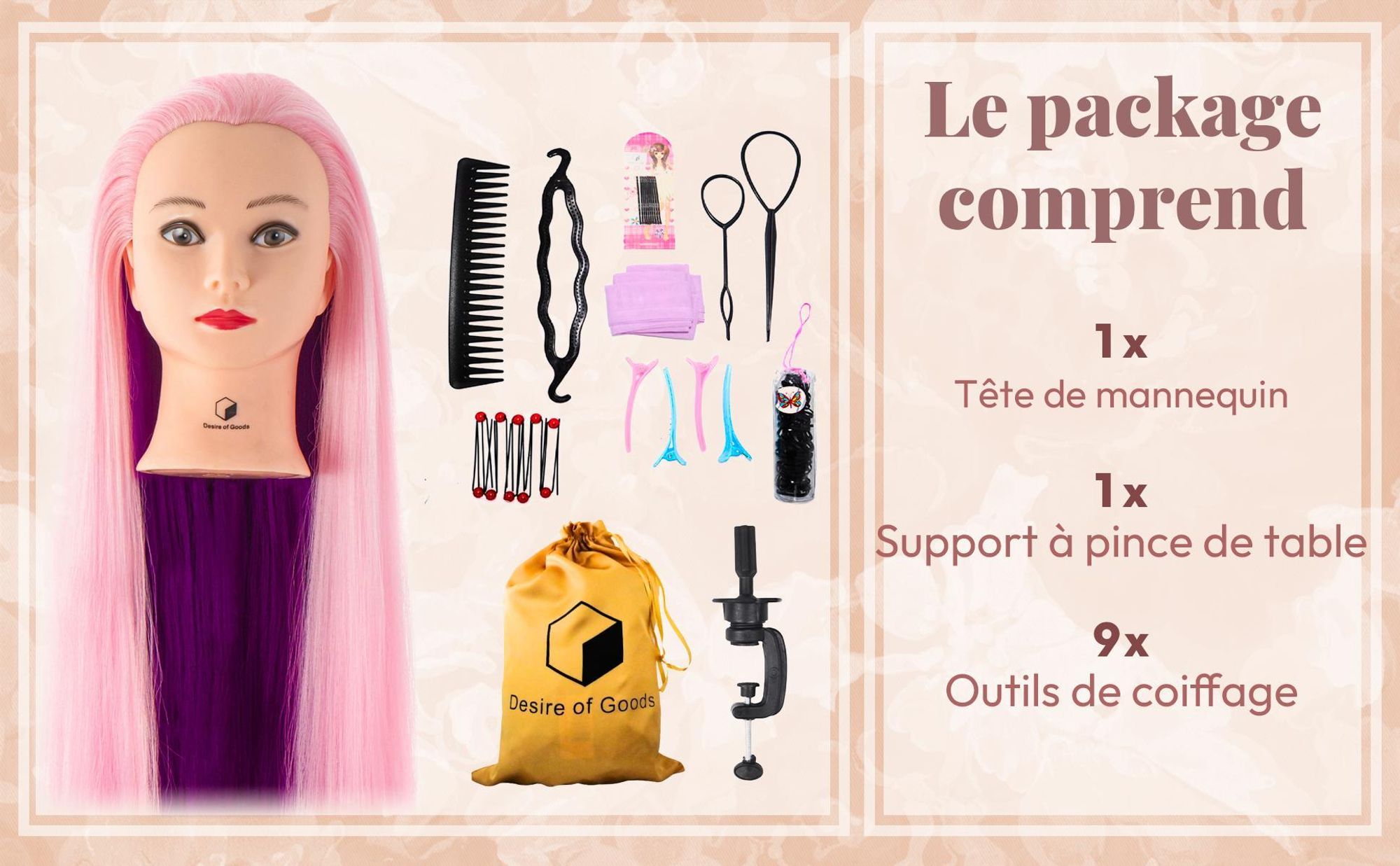 Desire of Goods Tête d'entraînement pour coiffeur Lila - avec pince de table - tête de coiffure pour enfants - tête de coiffeur - 70 cm