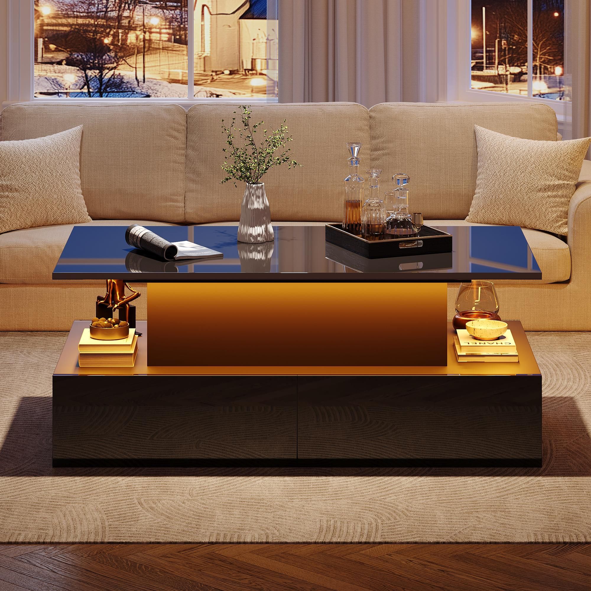 Merax Moderner Hochglanz Couchtisch mit LED-Beleuchtung, 4 Schubladen und ausziehbarer Tischplatte, Beistelltisch mit Stauraum, Schwarz