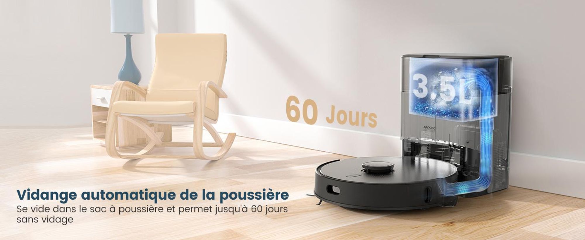 AIRROBO L40+ Robot aspirateur et balayeur avec station d'aspiration, auto-vidangeable, capacité de 60 jours, cartographie à domicile, WLAN/App/Alexa/télécommande