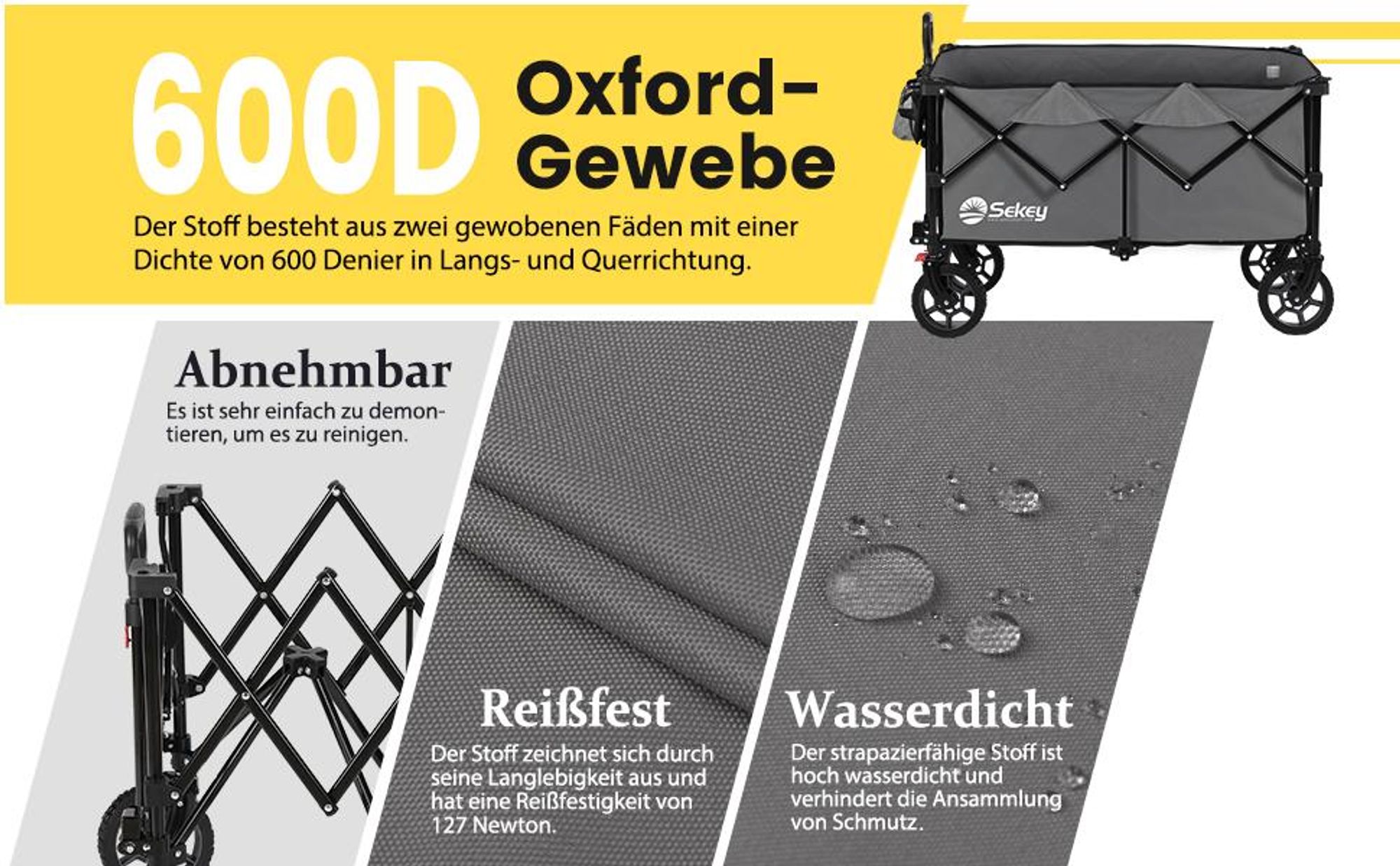 Sekey Bollerwagen faltbar 150 kg mit Bremsen, klappbarer Handwagen für Garten und Ausflug, Anthrazit
