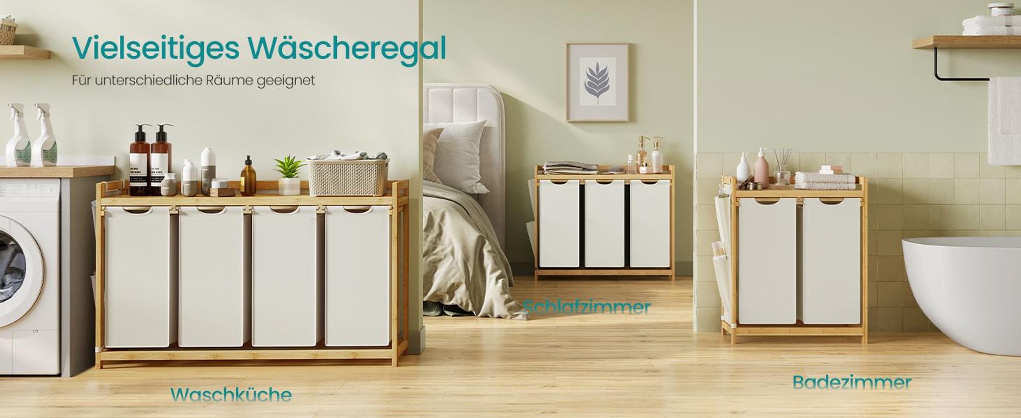 SONGMICS Wäschekorb 4 Fächer, Bambus, Wäschesammler 200 L, Wäschesortierer, mit Ablage, Wäschesack, kleine seitliche Taschen, Wäscheregal