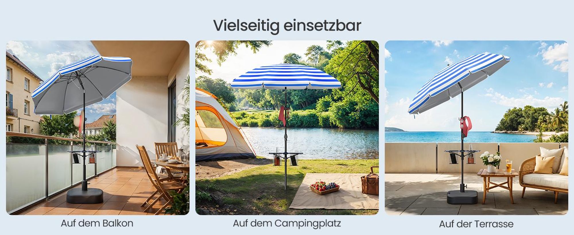 SONGMICS Sonnenschirm ∅160 cm, Strandschirm, Sonnenschutz UPF 50+, Ablagefläche