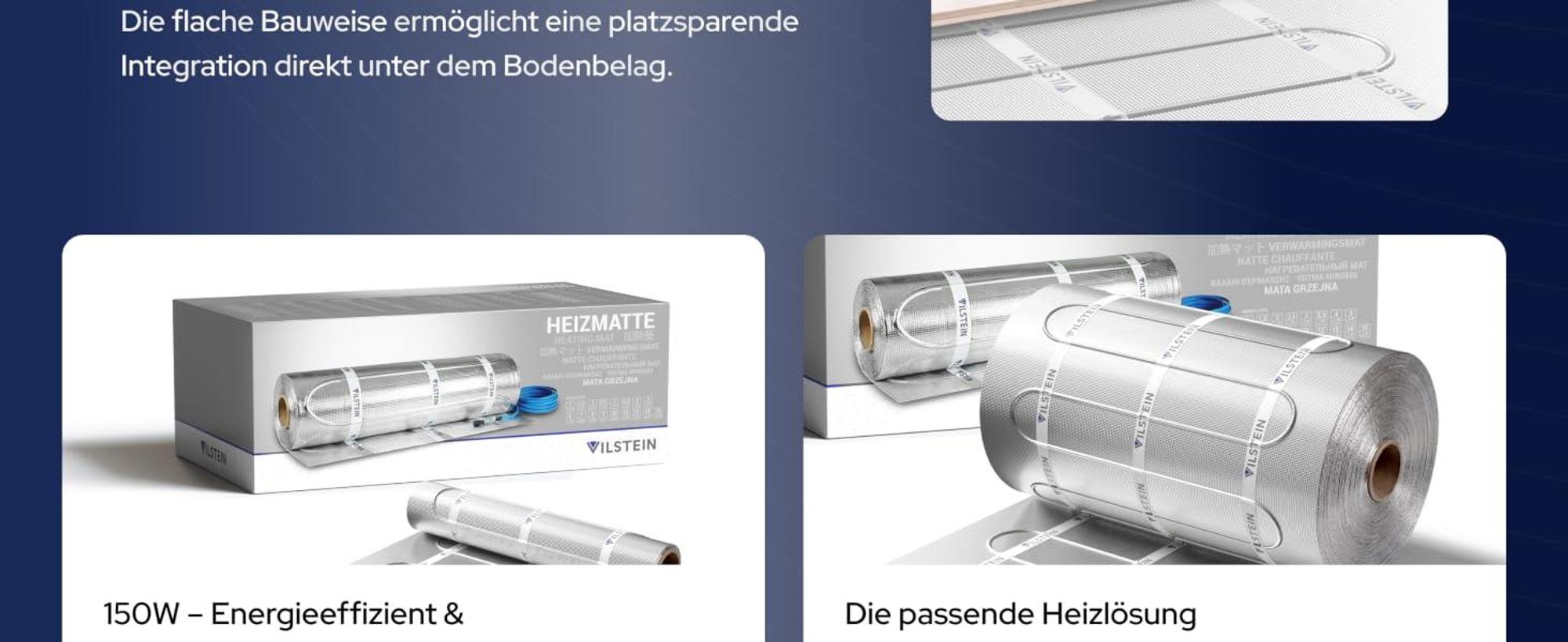 VILSTEIN Aluminium-Fußbodenheizung 150W/m² – Elektrische Heizmatte für Laminat, Parkett & Vinyl, selbstklebend, zuschneidbar, WiFi Touchscreen-Thermostat, Komplettset 15m²