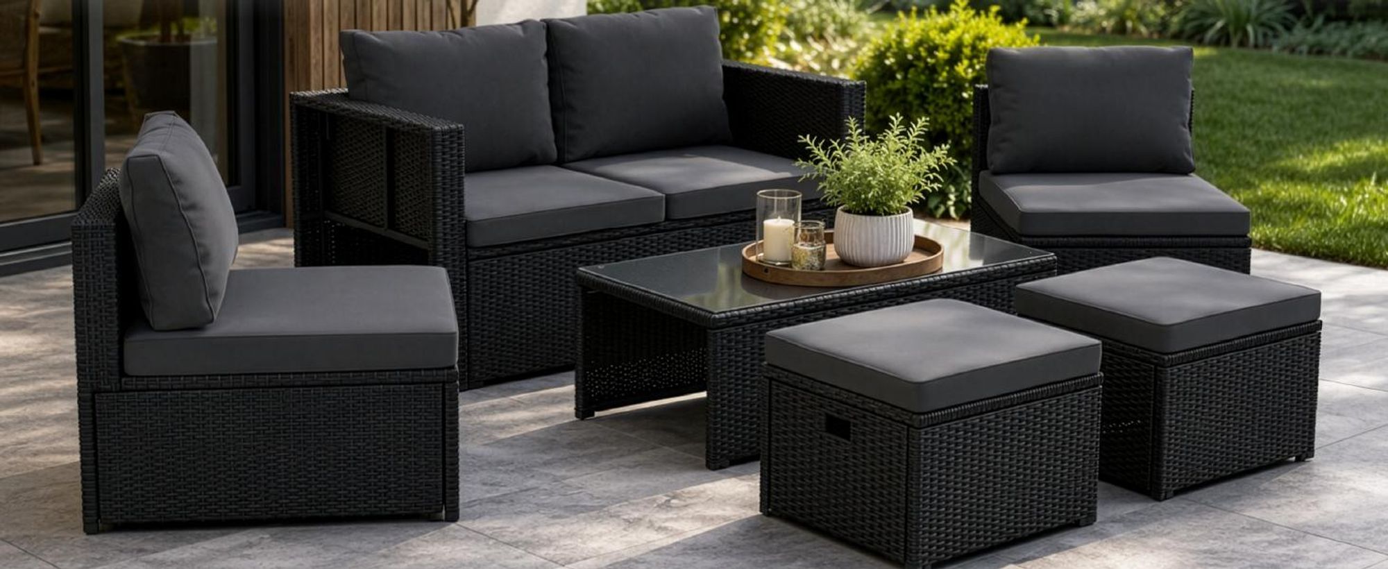 Juskys Polyrattan Gartenmöbel Set Salou - Lounge für 6 Personen, wetterfest - Schwarz