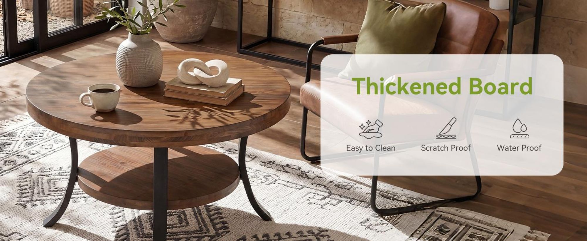 80 cm runder Couchtisch aus Massivholz mit Ablagefach – Couchtisch im Landhausstil für das Wohnzimmer, kleiner runder Couchtisch mit zwei Ebenen