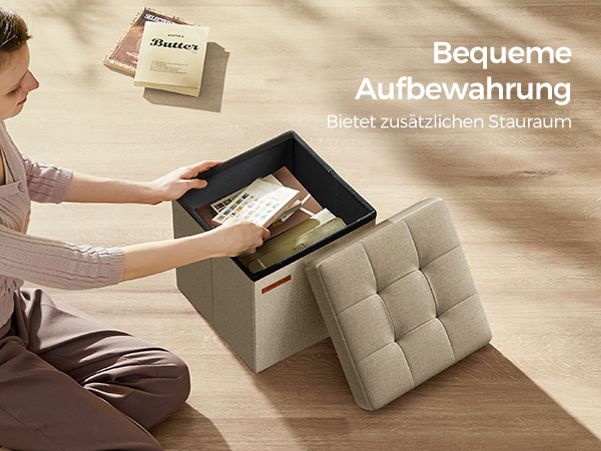 SONGMICS Sitzhocker mit Stauraum, kleine klappbare Sitzbank, 30 x 30 cm Fußbank, Aufbewahrungsbox, bis 130 kg belastbar