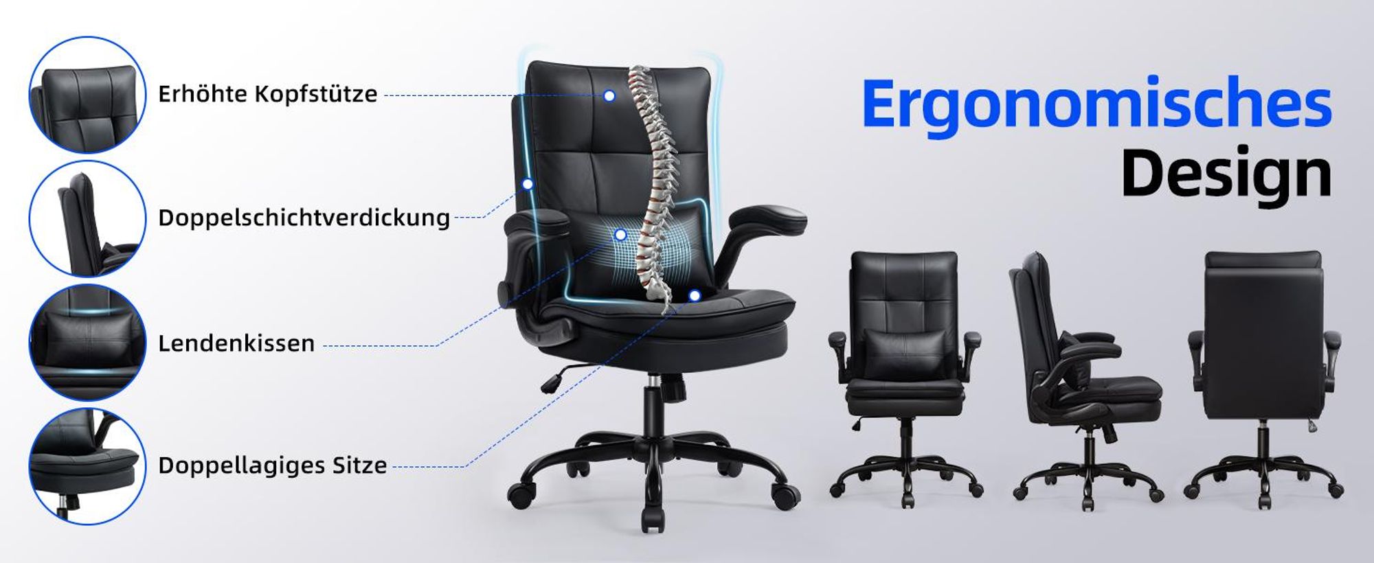 Ergonomisches Design: erhöhte Kopfstütze, Doppelschichtverdickung, Lendenkissen, doppellagige Sitze