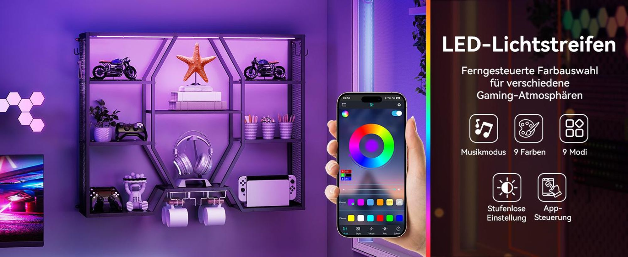 Puluomis Wandregal RGB LED mit Musik Modus 100x80cm, Weinregal mit Anti-Kipp, gehärtete Glasablagen, Weinglashalter & S-Haken, App-Steuerung schwarz